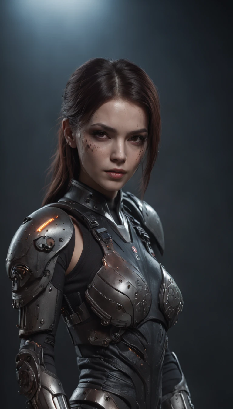 beautiful cyborg warrior woman in RustMagic Style, Cyberpunk Increase, Cyber software, Cyborg, carbon fiber, chrome, Implants, Metal skull, cyber plate armor, (Dark atmosphere:1.2), (mist & Smoke), (It's dark night:1.3), Scars, (dark medium length disheveled hair:1.1), (eyeshadows:1.1), (beautifully detailed glow:1.2), (Cinematic lighting), intricate detials, hight resolution, rounded eyes, Detailed facial features, sharp-focus, Smooth, aesthetic, Detailed dark background of industrial factory, stylish pose, dynamicpose, (DramaPaint)