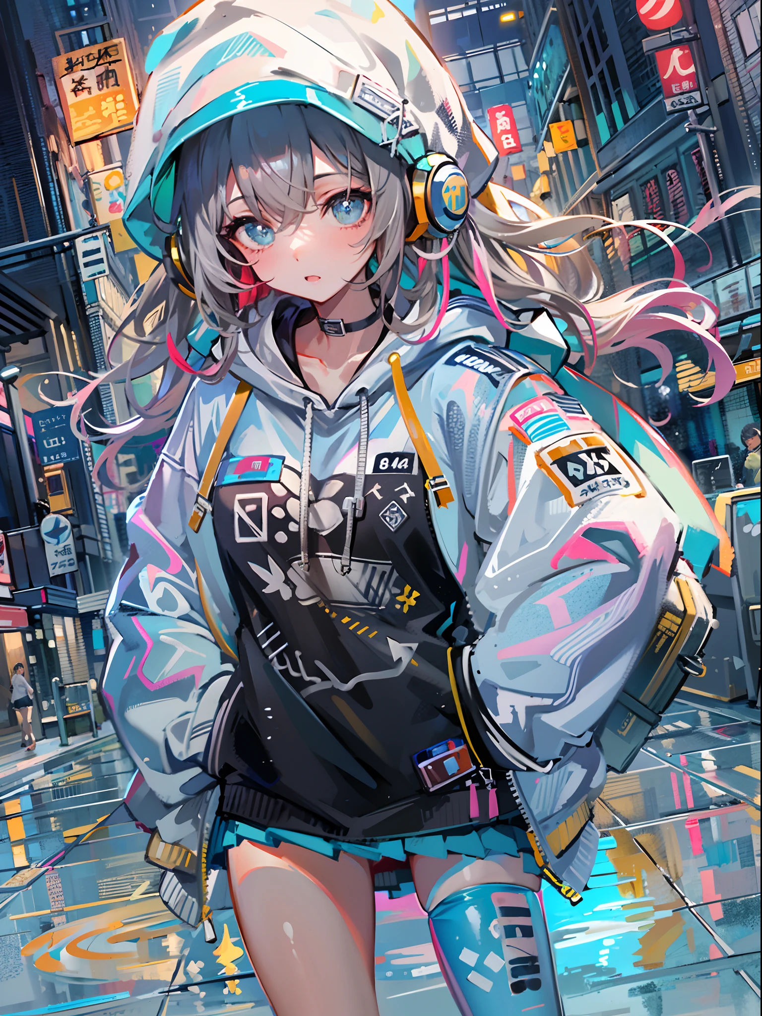 8K分辨率、((top-quality))、((masterpiece))、((ultra-detailliert))、1 woman、独奏、incredibly absurdness、Oversized hoodies、headphones、Street、plein air、Sateen、neons、Shortcut Hair、Brightly colored eyes、Hands in pockets、a miniskirt、water dripping
