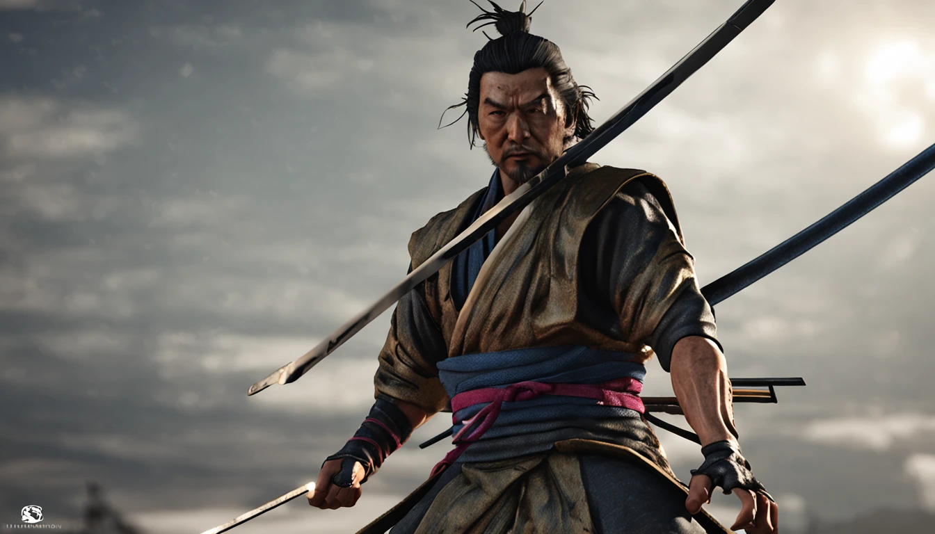 Create an ultra-realistic image of a bronze statue of Miyamoto Musashi in a combat pose.