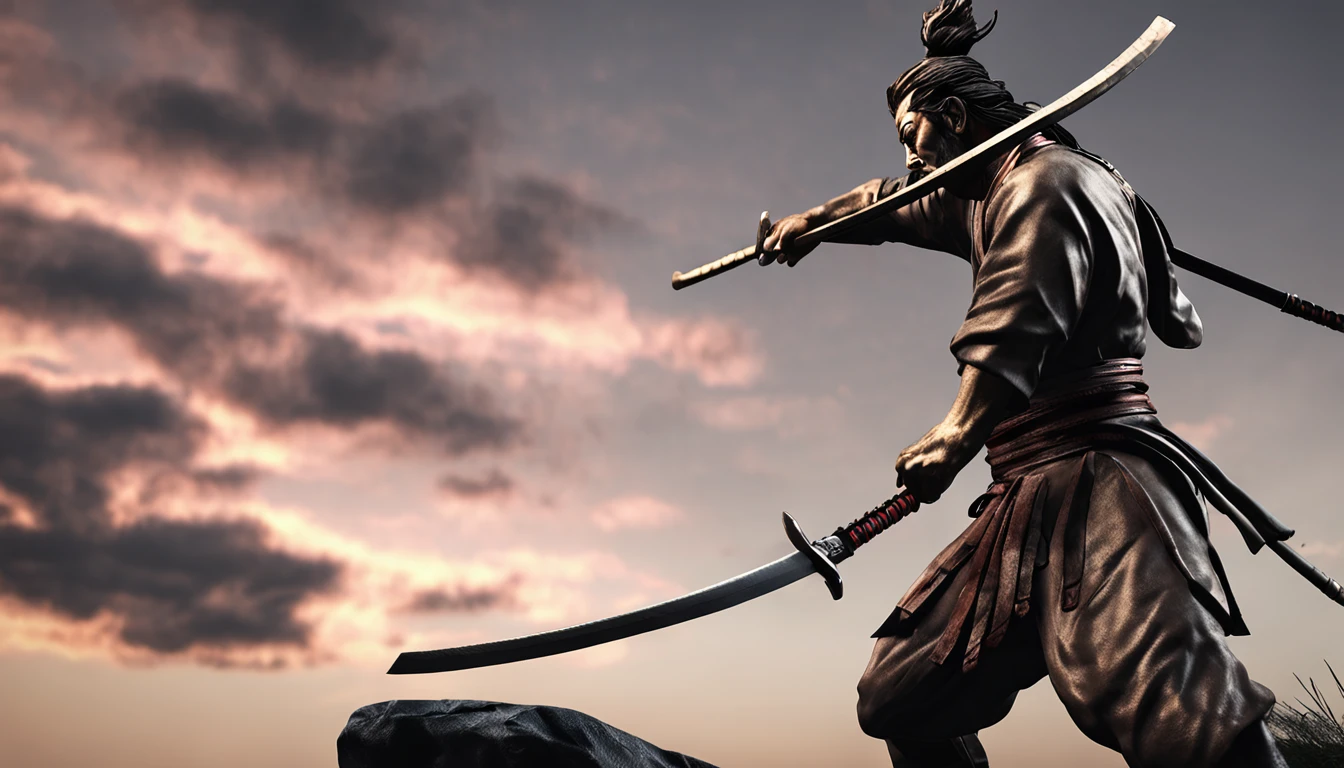 Create an ultra-realistic image of a bronze statue of Miyamoto Musashi in a combat pose.