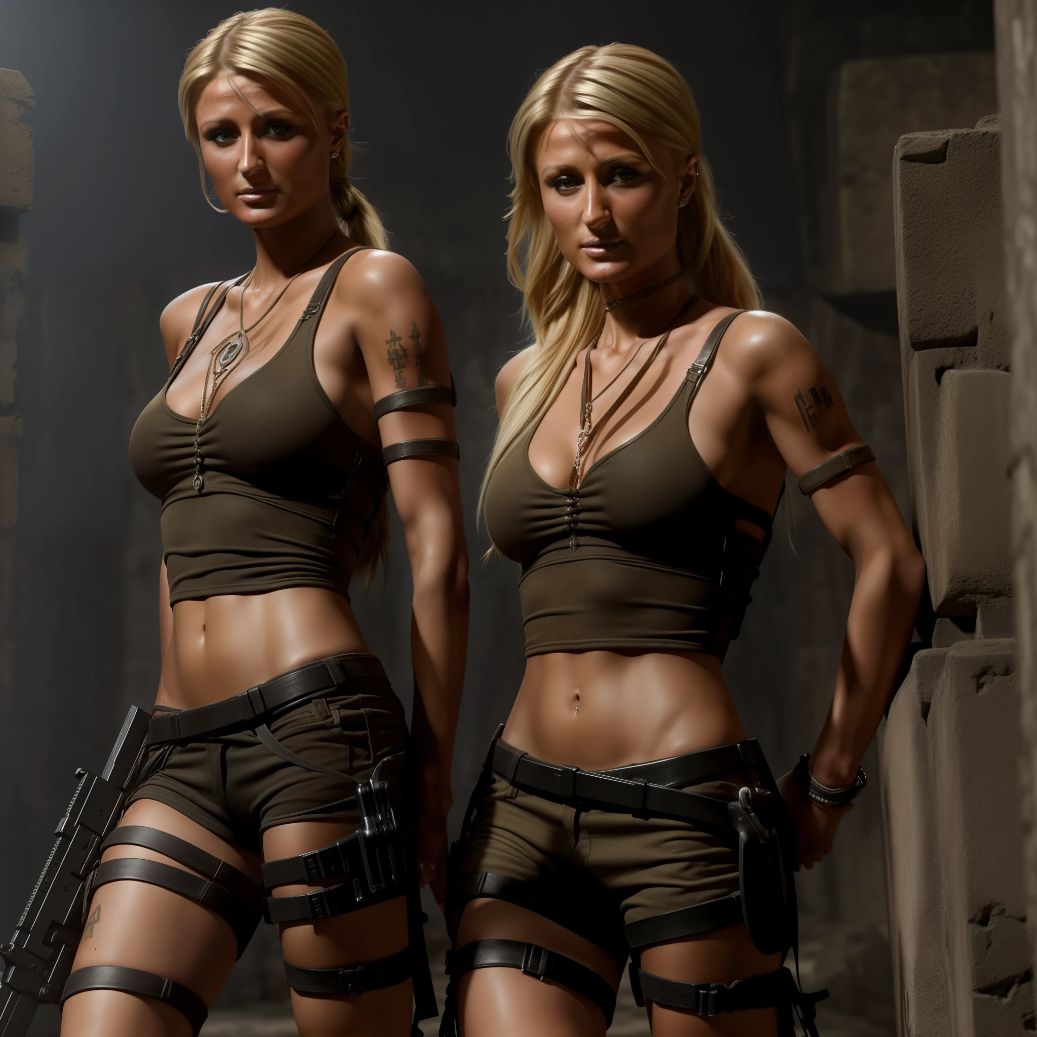 ((Paris Hilton, Tomb Raider, Blond,oben ohne)) ((oben ohne)), schlammig, Meisterwerk, ultra-detailliert, ultra realistisch, Freche Pose, RAW-Foto, Foto, Standing at a giant machine gun