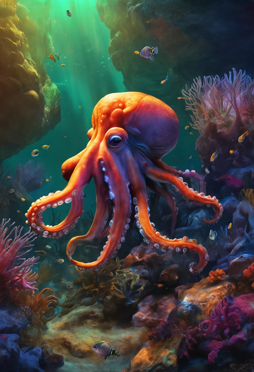 progressive cover album, oil painting of a curious octopus underwater habitat and its mysterious allure, coral, wizard