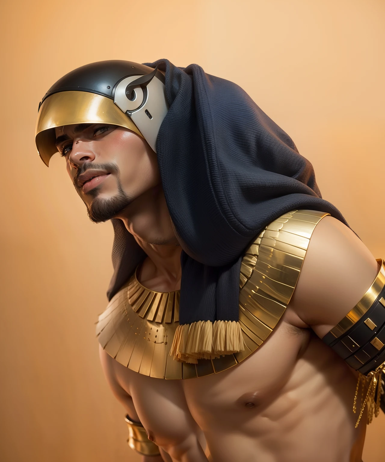 homem negro, bird helmet, bird helmet made of cloth and gold, ouro, homem negro, homem negro bonito, homem com a pele escura, homem negro, bird helmet, sem barba, NOT BEARD, homem bonito, homem com 19 anos, corpo marcante, homem negro com a boca fechada e dando um leve sorriso homem negro ,olhar escondido pelo capacete, Man with American White Man Traits, small lips, nariz fino, boca fina, thin and beautiful lips, homem latino , homem mulato, black man but no black features