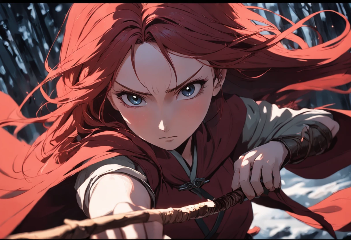 an extreme closeup shot:Young Melisandre of Asshai,Hair soars,Wielding a long stick,The eyes are cold。Fighting posture,Motion blur,perfect hand,Frozen forest in the wind,lightand shade contrast,top views,Focus on people。Depth of field 1.5。Chinese ink splash painting style,Drawn by Zhang Daqian。