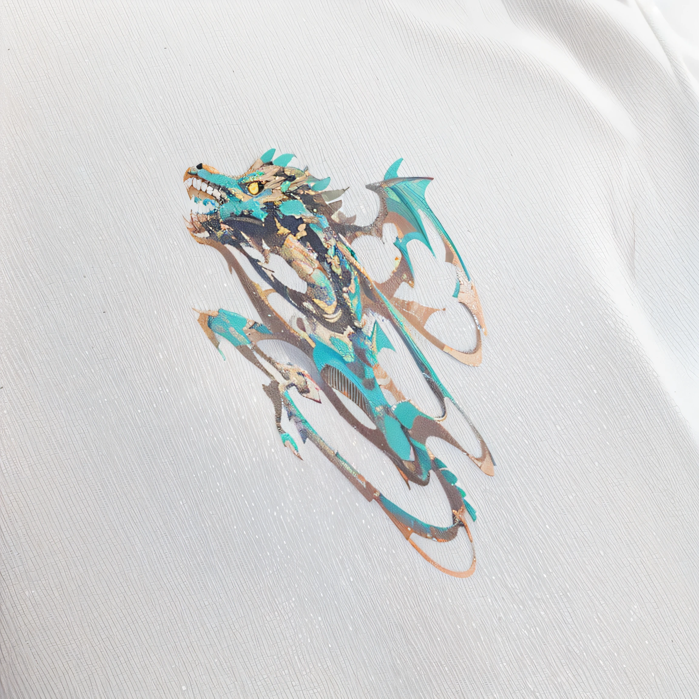someone is drawing a picture of a dragon on a white shirt, silkscreen t-shirt art, printed on a cream linen t-shirt, penned with thin colors on white, 3 color screen print, detailed product shot, intricate brush stroke detail, silk screen t-shirt design 4k, white biomechanical details, screen printed, shirt art, brick color