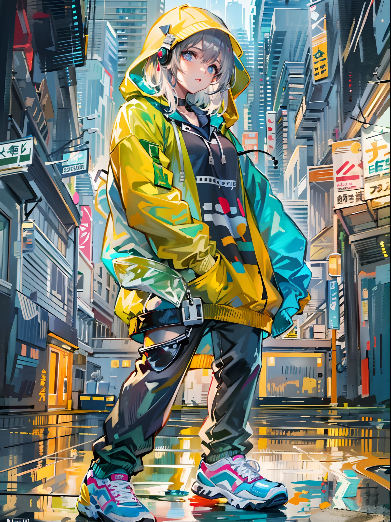 8K分辨率、((top-quality))、((​masterpiece))、((ultra-detailliert))、1 woman、独奏、incredibly absurdness、Oversized hoodies、headphones、Street、plein air、Sateen、neons、Shortcut Hair、Brightly colored eyes、Hands in pockets、shortpants、water dripping