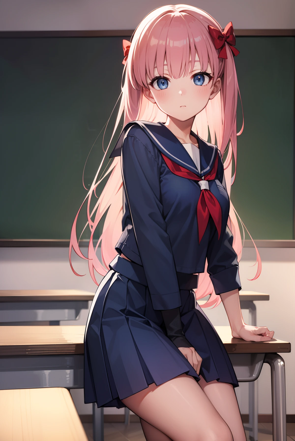 nodokaharamura, nodoka haramura, blue eyes, hair bow, long hair, pink hair, bow,
BREAK blue skirt, kiyosumi school uniform, pleated skirt, school uniform, serafuku, skirt,
BREAK looking at viewer,
BREAK indoors, classroom,
BREAK (masterpiece:1.2), best quality, high resolution, unity 8k wallpaper, (illustration:0.8), (beautiful detailed eyes:1.6), extremely detailed face, perfect lighting, extremely detailed CG, (perfect hands, perfect anatomy),