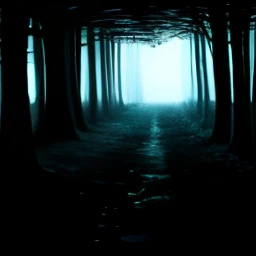 No Man,Barren forest,There are tree stumps on the ground,Bare tree,gravel path,Dust,falling leaf,There are no characters,vaporwave style,Psychedelic electronic style,Look up at the perspective