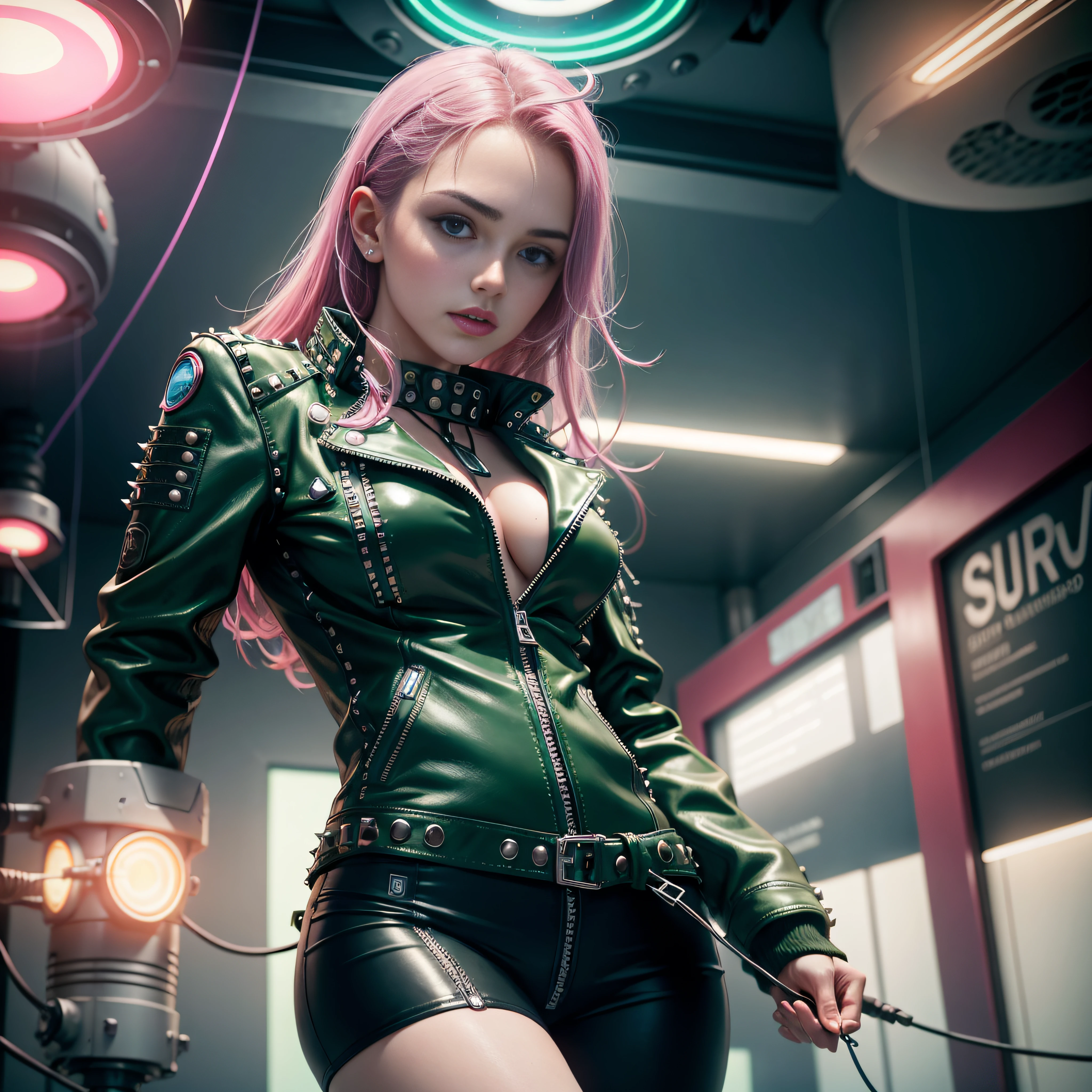 Simpatic German woman (green Leather Jacket With Rivets:1.4), cyan bra, pink hair, zippers, (open zipper:1.1), (erotic:1.2), (sexy:1.3), (spaceship:1.5), small command room, (glowing neon lights:1.3), (glowing neon flowers:1.3), (dangling sprinkler wires hang from an opening in the ceiling:1.5), best quality, raw, masterpiece, super fine photo, best quality, super high resolution, photorealistic realism, sunlight, full-body portrait, delicate face, vibrant eyes, detailed face, stars background, gorgeous, highly detailed skin, realistic skin details, visible pores, sharp focus, volumetric fog, high quality, photo realism, seen from below, translucent, voluptuous, sensual, lascivious, dominant, (sexual:1.3), sexy, romantic, high quality, film grain, Cinematic Light, sidelighting, Lens Flare, Ray tracing, detailed face, detailed complex stars background, realistic skin details, visible pores, sharp focus, volumetric fog, 8k uhd, DSLR camera, overexposed light