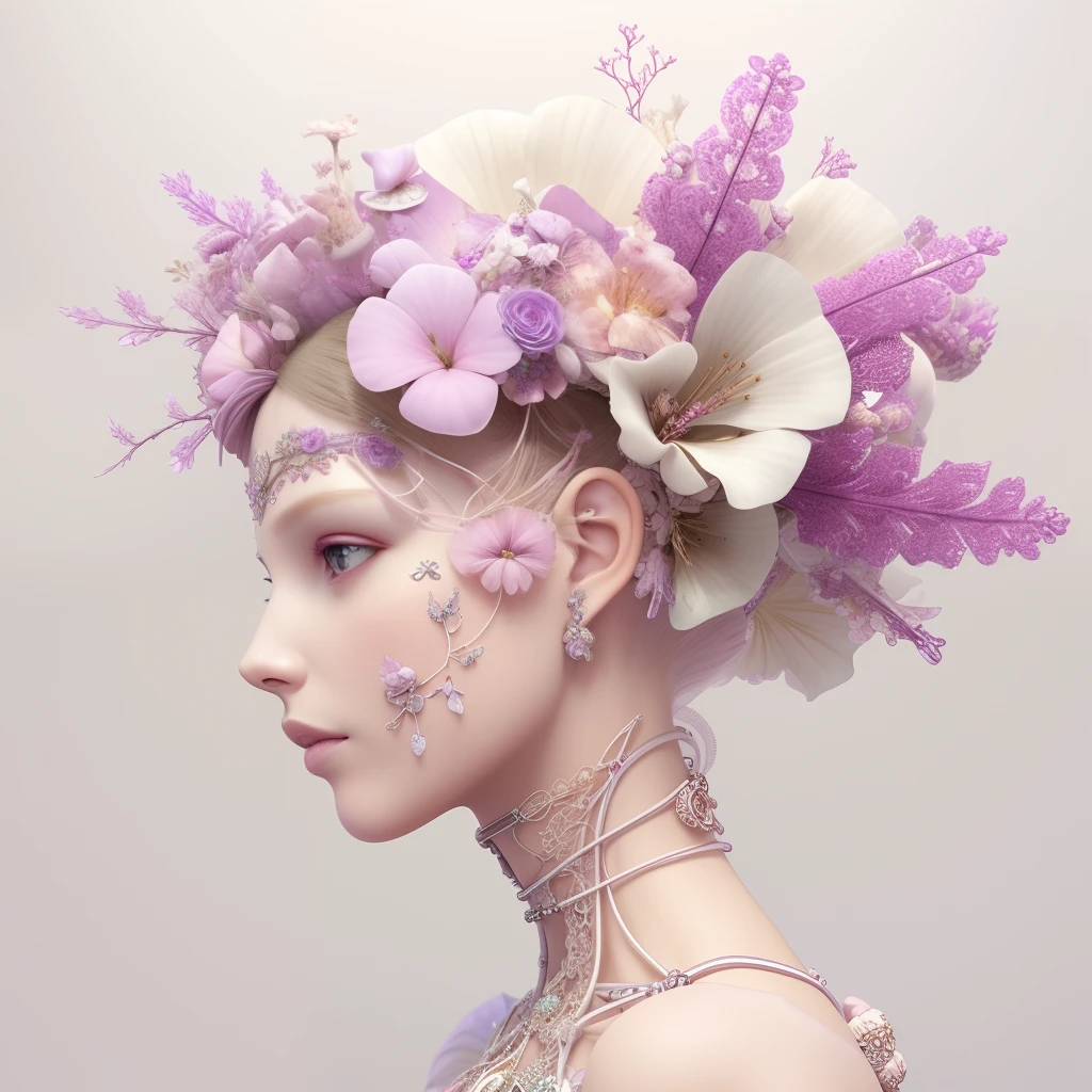 Purple and pink 3 d render, hyper detailed, fascinating biomechanical female cyborg with a porcelain translucent profile face, analog, big autumn leaves foliage and stems, made of white pore fungi, morning glory flowers, hibiscus flowers, boho floral vines, hexagonal mesh fine wire, sinuous fine roots, fine filigree foliage lace, luxurious, elegant, alexander mcqueen high fashion haute couture, earring, art nouveau fashion embroidered, steampunk, intricate details, mandelbrot fractal, white background, anatomical, facial muscles, translucent microchip, octane render, h. r. giger style, volumetric lighting, 8 k post - production highly detailed art