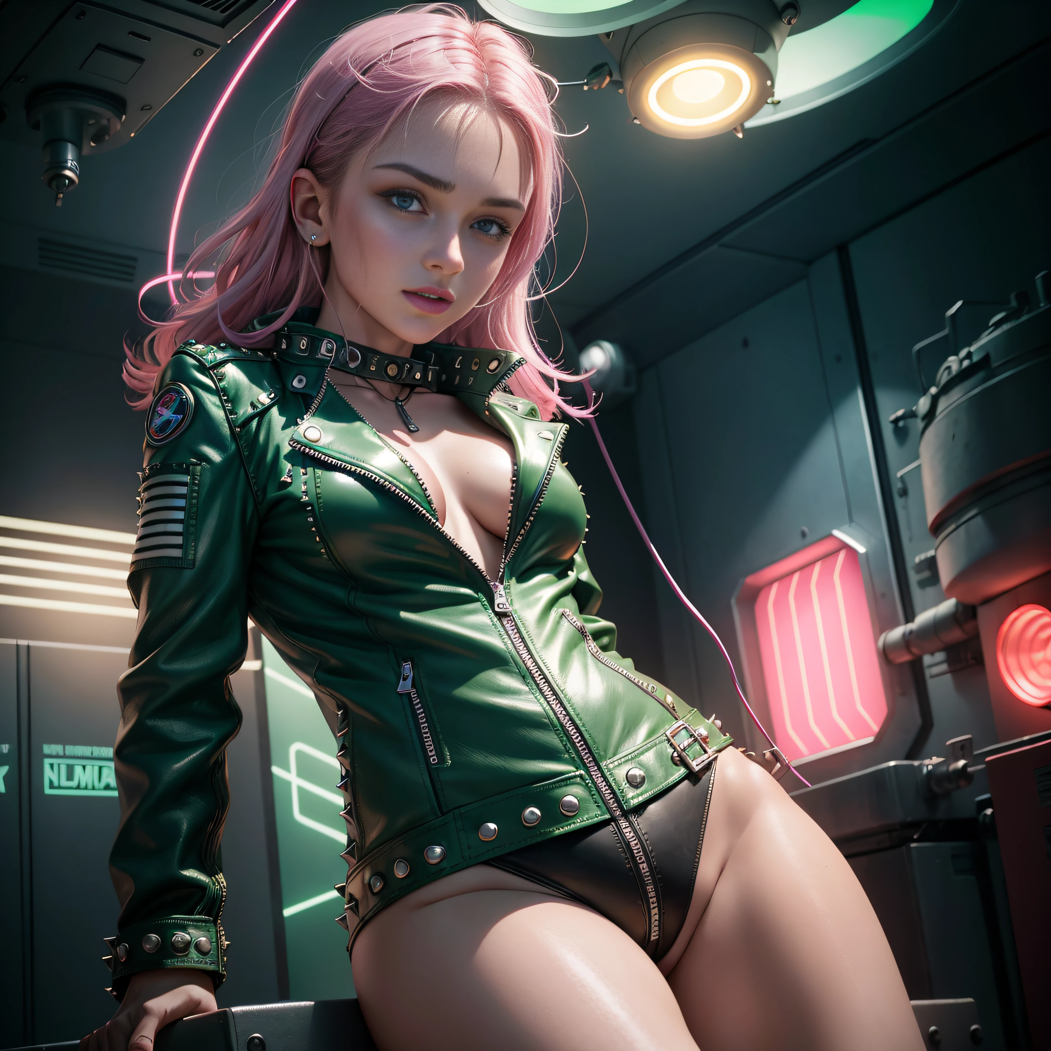 Simpatic German woman (green Leather Jacket With Rivets:1.4), cyan bra, pink hair, zippers, (open zipper:1.1), (erotic:1.2), (sexy:1.3), (spaceship:1.5), small command room, (glowing neon lights:1.3), (glowing neon flowers:1.3), (dangling sprinkler wires hang from an opening in the ceiling:1.5), best quality, raw, masterpiece, super fine photo, best quality, super high resolution, photorealistic realism, sunlight, full-body portrait, delicate face, vibrant eyes, detailed face, stars background, gorgeous, highly detailed skin, realistic skin details, visible pores, sharp focus, volumetric fog, high quality, photo realism, seen from below, translucent, voluptuous, sensual, lascivious, dominant, (sexual:1.3), sexy, romantic, high quality, film grain, Cinematic Light, sidelighting, Lens Flare, Ray tracing, detailed face, detailed complex stars background, realistic skin details, visible pores, sharp focus, volumetric fog, 8k uhd, DSLR camera, overexposed light