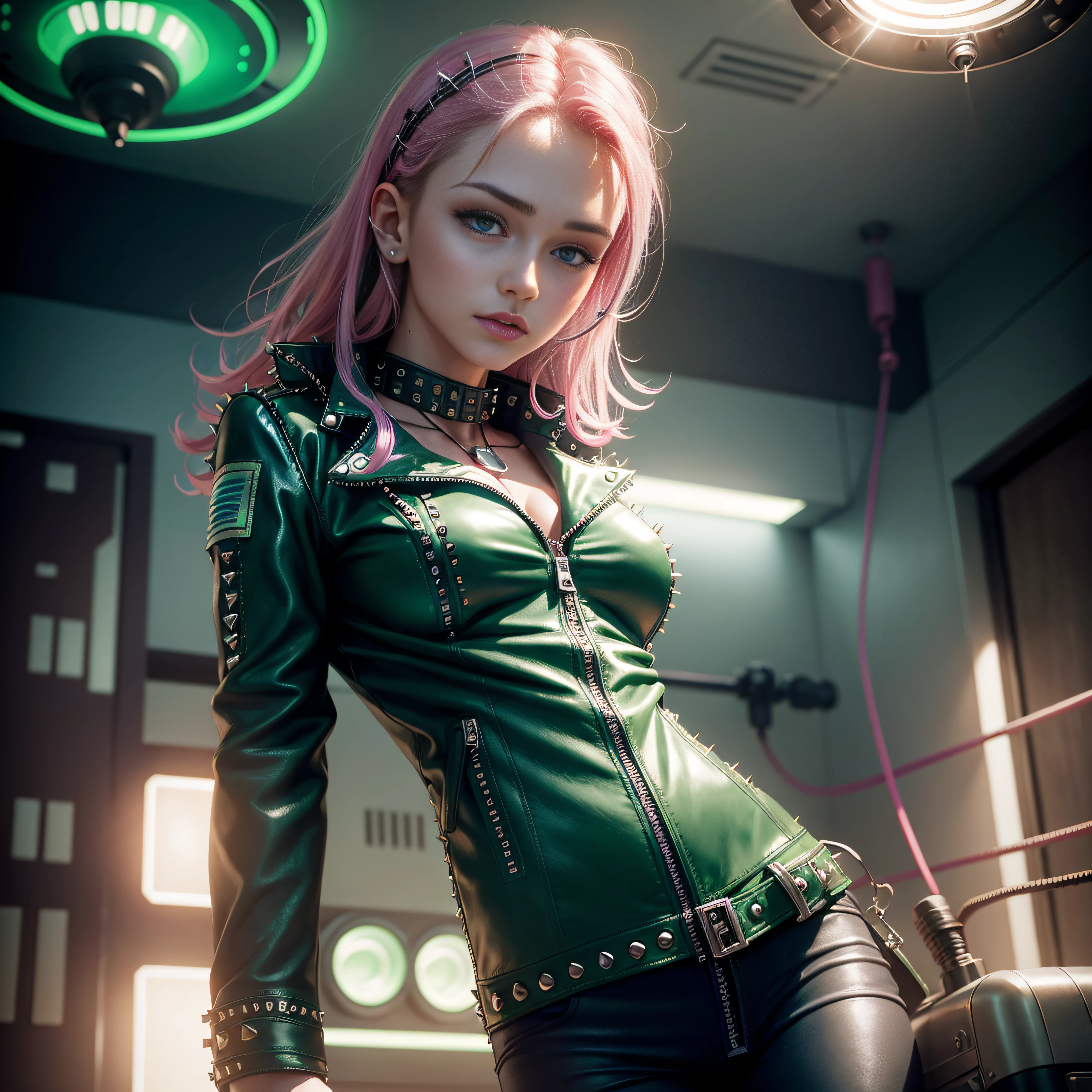 Simpatic German woman (green Leather Jacket With Rivets:1.4), cyan bra, pink hair, zippers, (open zipper:1.1), (erotic:1.2), (sexy:1.3), (spaceship:1.5), small command room, (glowing neon lights:1.3), (glowing neon flowers:1.3), (dangling sprinkler wires hang from an opening in the ceiling:1.5), best quality, raw, masterpiece, super fine photo, best quality, super high resolution, photorealistic realism, sunlight, full-body portrait, delicate face, vibrant eyes, detailed face, stars background, gorgeous, highly detailed skin, realistic skin details, visible pores, sharp focus, volumetric fog, high quality, photo realism, seen from below, translucent, voluptuous, sensual, lascivious, dominant, (sexual:1.3), sexy, romantic, high quality, film grain, Cinematic Light, sidelighting, Lens Flare, Ray tracing, detailed face, detailed complex stars background, realistic skin details, visible pores, sharp focus, volumetric fog, 8k uhd, DSLR camera, overexposed light