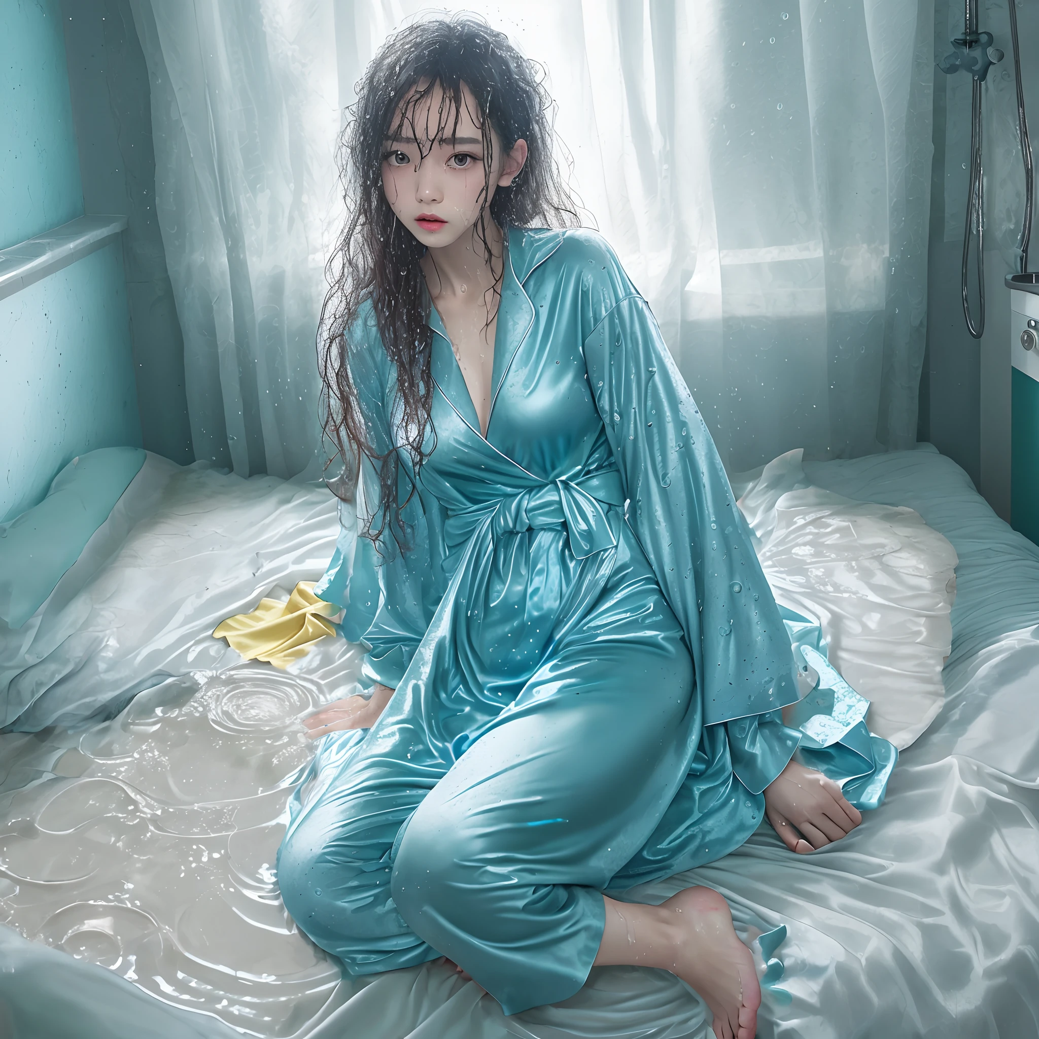 blue satin nightgown with wet spots, slimy