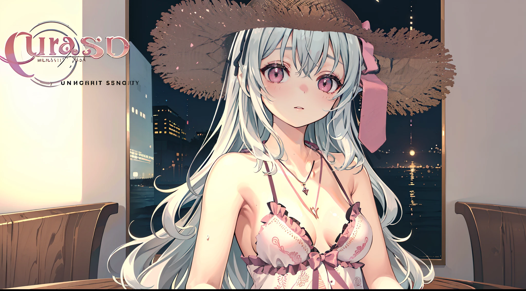 ((Best quality)), ((Masterpiece)), ((Ultra-detailed)), (illustration), (Detailed light), (An extremely delicate and beautiful),((Magazine Covers)),A charming young girl,Pink swimsuit,Straw Hat Cap Topee.