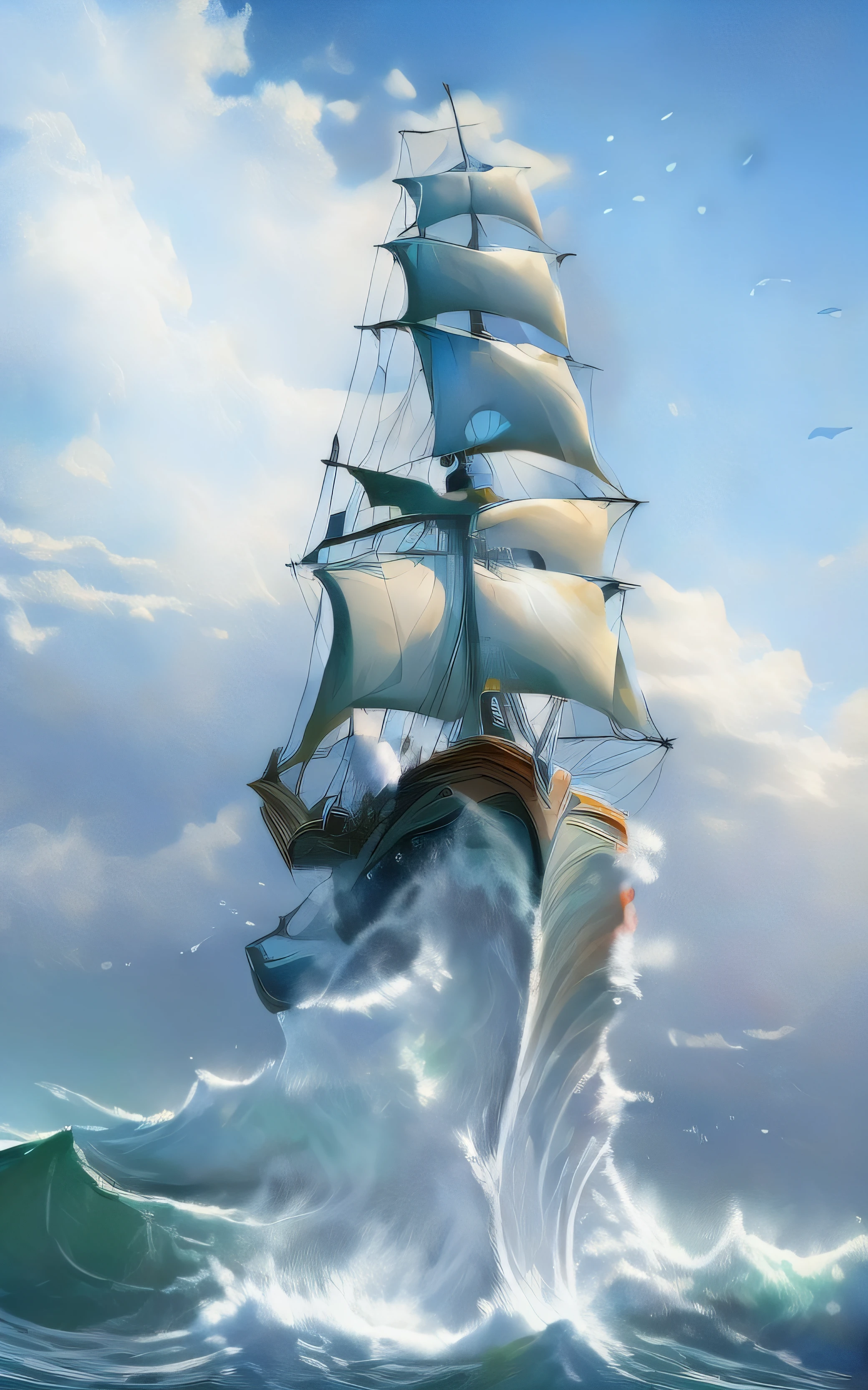 Precioso barco volando entre las nubes y muy abajo un mar agitado con enormes olas intenta atraparlo, , Rhads y Thomas Kinkade, sailing ship, por Richard Sedlon, The Flying Dutchman, en el mar, barcos con velas,