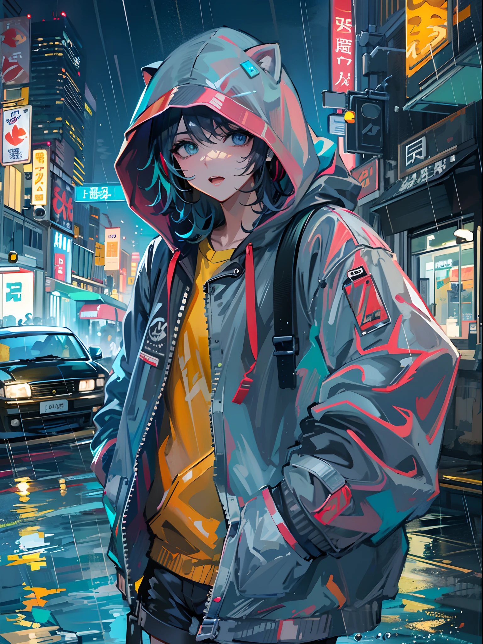 8K分辨率、((top-quality))、((masterpiece))、((ultra-detailliert))、1 woman、独奏、incredibly absurdness、Oversized hoodies、headphones、Street、plein air、Rain at night、neons、Shortcut Hair、Brightly colored eyes、Hands in pockets、shortpants、water dripping