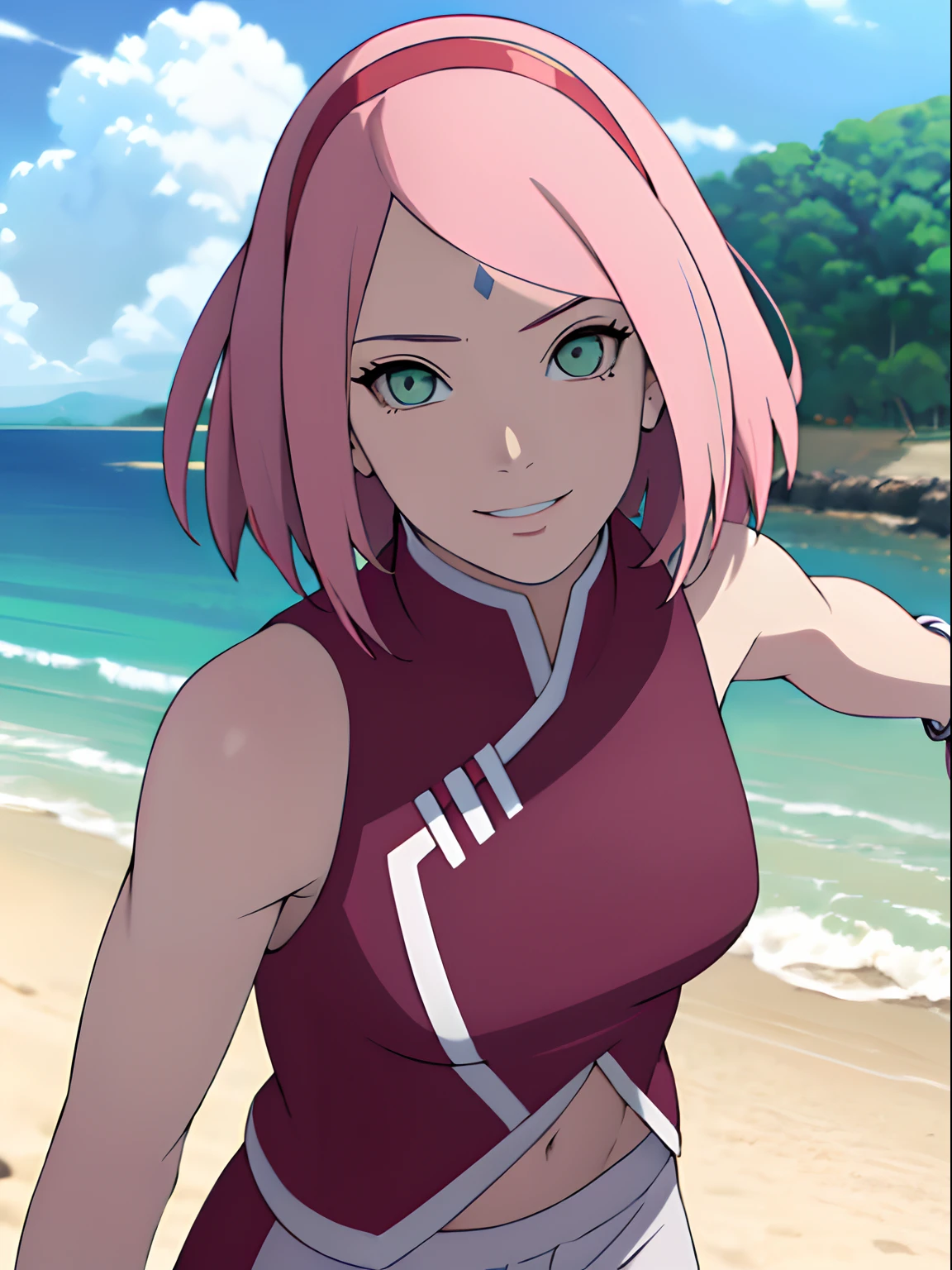 (masterpiece, 1k, anime style: 1.9, portrait, face shot, professional artwork, detailed beach background, intricate details, colorful, digital blending, bold drawing lines), (ultra detailed body, ultra detail hair, ultra detail face), trending on pixiv, kind smile, very hot color, best quality, 1girl, hires, haruno sakura, contrasty lighting, (forehead mark, milf, red hairband, pale skin, short hair, ((red sleeveless dress), white pants), navel, groin, bracelet, looking at viewer, crossed arms, pink hair, green eyes, smile, beach, wind, floating hair, detailed arms, off-shoulders, muscular arms, standing), sunnyday