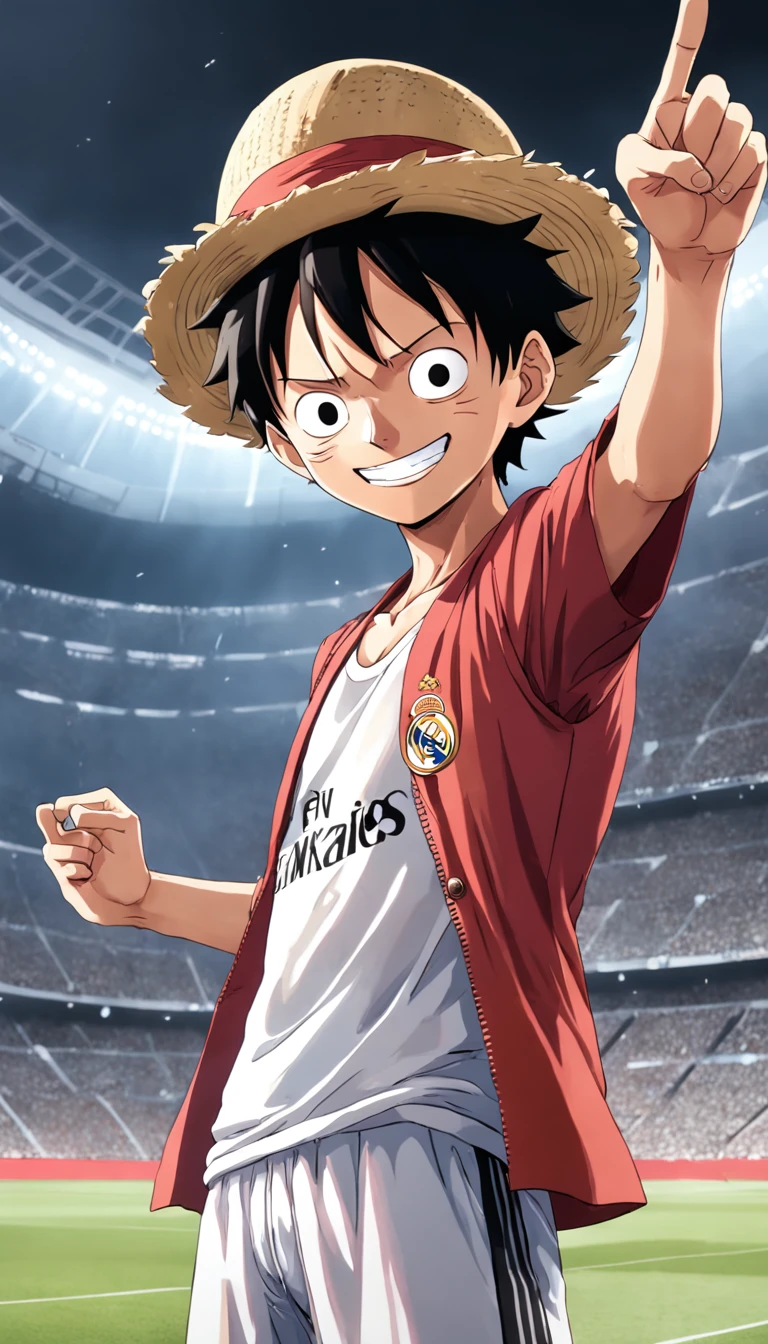 "luffy from One Piece wearing a Real Madrid outfit, standing in a stadium, facing the camera, with one hand raised and a smile."