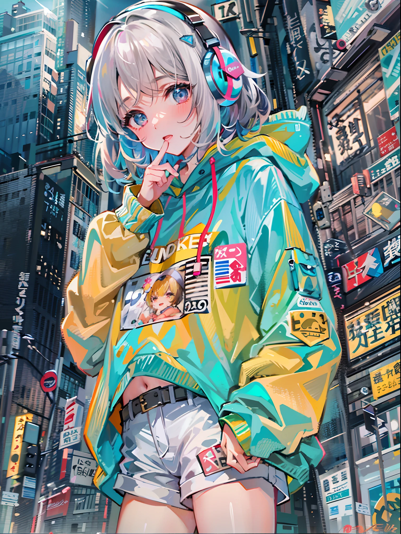8K分辨率、((top-quality))、((​masterpiece))、((ultra-detailliert))、1 woman、独奏、incredibly absurdness、Oversized hoodies、headphones、Street、plein air、Sateen、Neon Street、Shortcut Hair、Brightly colored eyes、Hands in pockets、shortpants、water dripping