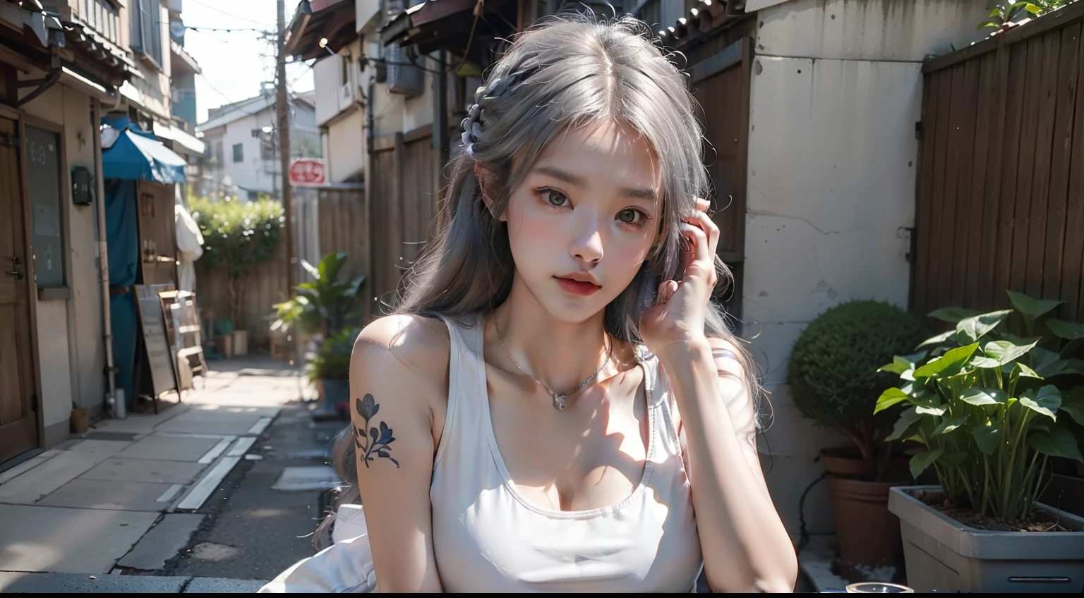 mullet hairstyle, silver hair, 1 girl, gray tank top, dark taste, smoking, holding a cigarette in right hand, 23 years old, light gray zip hoodie, protruding shoulders, attrative Japanese girl, gray eye, back alley, mysterious expression, 8k realistic image of a girl,((Best quality, 8k, Masterpiece :1.3)), flower tattoo on left arm, sitting against a wall, Whole body, Long legs, Sharp focus :1.2, A pretty woman with perfect figure :1.4, Slender abs :1.1, ((Big breasts :1.2)),  Highly detailed face and skin texture, Detailed eyes, Double eyelid, white skin