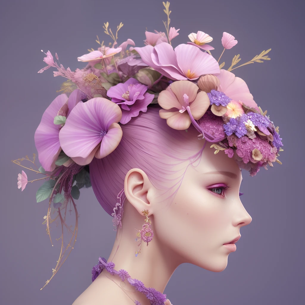 Purple and pink 3 d render, hyper detailed, fascinating biomechanical female cyborg with a porcelain translucent profile face, analog, big purple and pink autumn leaves foliage and stems, made of purple and pink fungi, morning glory flowers, hibiscus flowers, boho floral vines, hexagonal mesh fine wire, sinuous fine roots, fine filigree foliage lace, luxurious, elegant, alexander mcqueen high fashion haute couture, earring, art nouveau fashion embroidered, steampunk, intricate details, mandelbrot fractal, white background, anatomical, facial muscles, translucent microchip, octane render, h. r. giger style, volumetric lighting, 8 k post - production highly detailed art