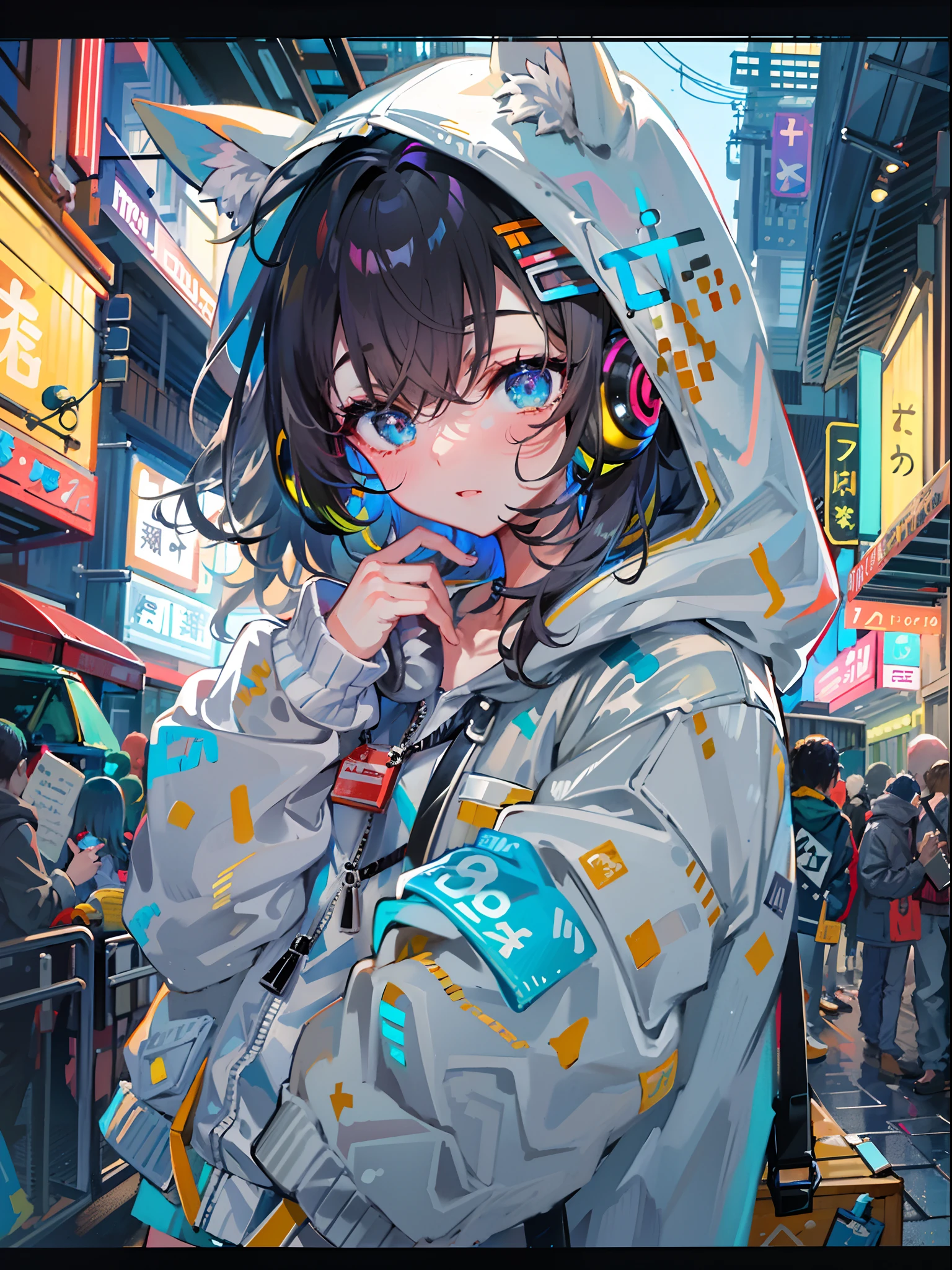 8K分辨率、((top-quality))、((masterpiece))、((ultra-detailliert))、1 woman、独奏、incredibly absurdness、Oversized hoodies、headphones、Street、plein air、Sateen、neons、Shortcut Hair、Brightly colored eyes、Hands in pockets、shortpants、water dripping