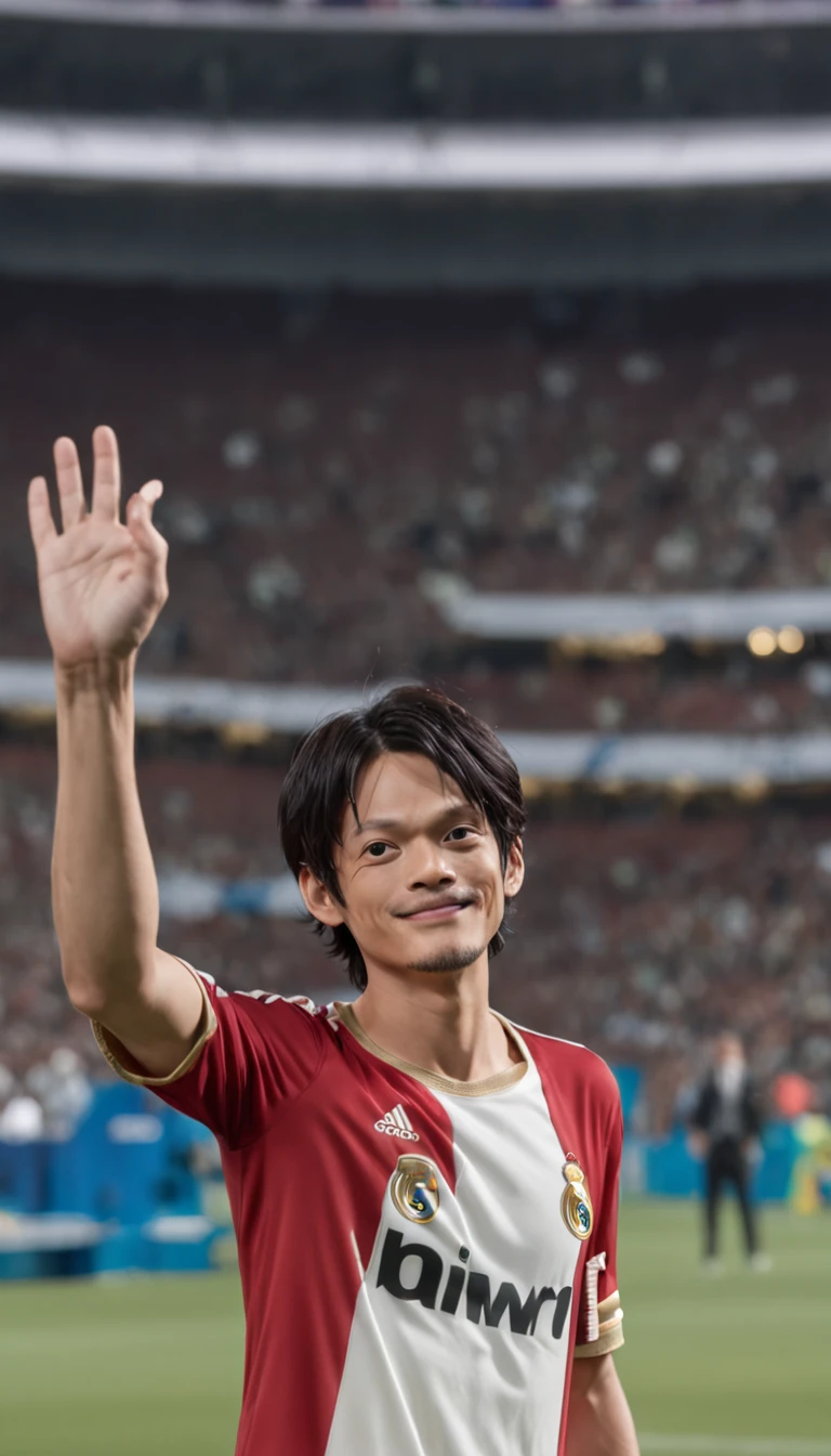 "luffy from One Piece wearing a Real Madrid outfit, standing in a stadium, facing the camera, with one hand raised and a smile."