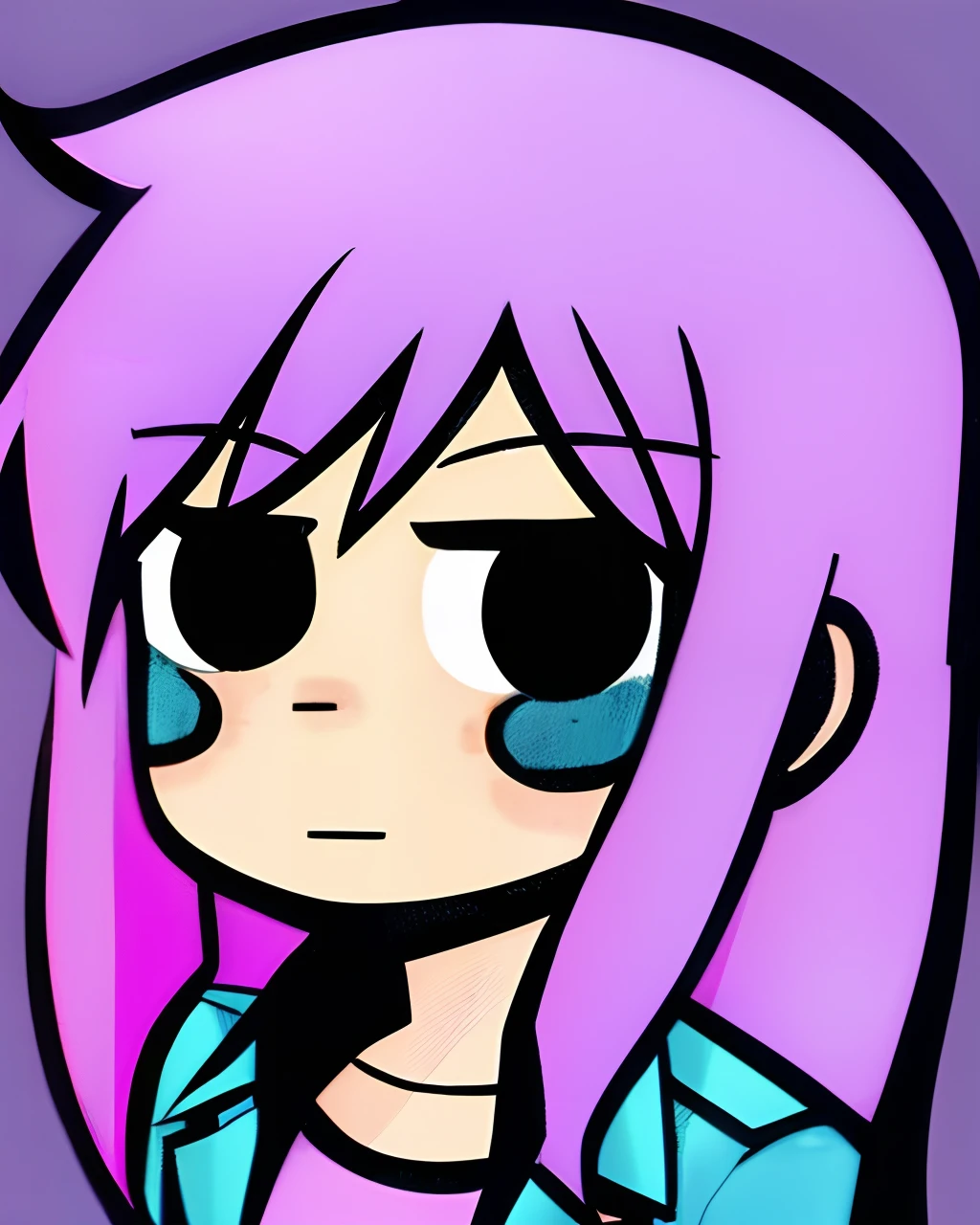 scottpilgrimvstheworld, SakuraVRC, 1boy, purple hair, jacket, long_hair, looking at viewer, simple_background, black background, solo, blush, upper body,