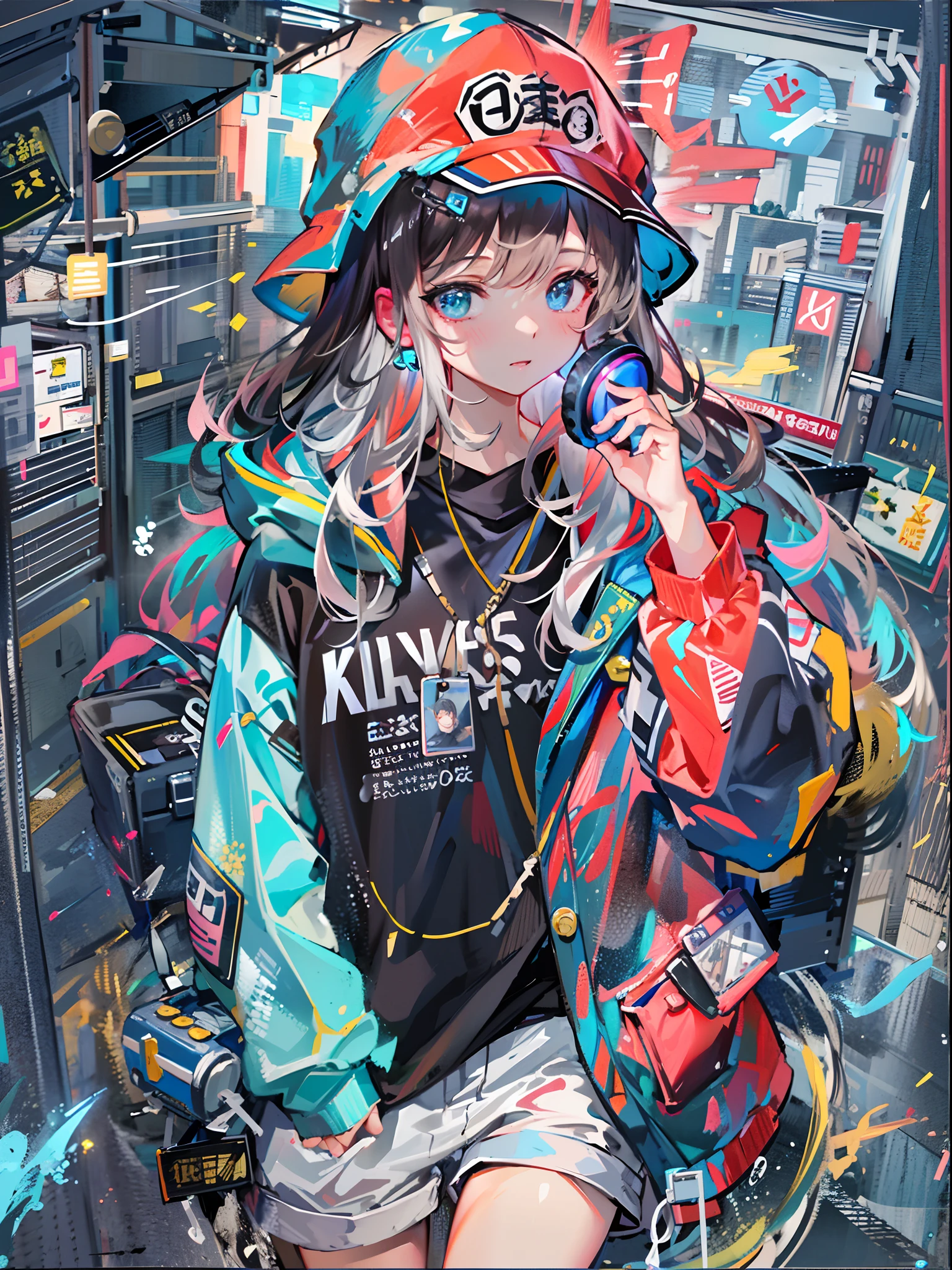 8K分辨率、((top-quality))、((masterpiece))、((ultra-detailliert))、1 woman、独奏、incredibly absurdness、Oversized hoodies、headphones、Street、plein air、Sateen、neons、Shortcut Hair、Brightly colored eyes、Hands in pockets、shortpants、water dripping