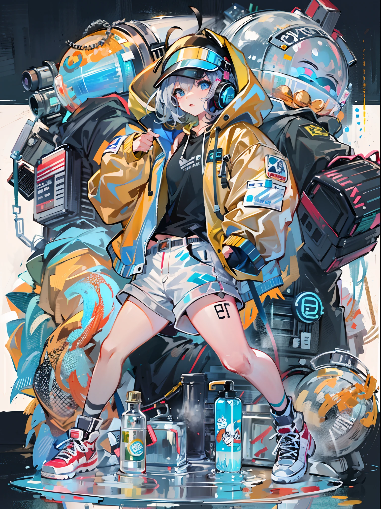 8K分辨率、((top-quality))、((masterpiece))、((ultra-detailliert))、1 woman、独奏、incredibly absurdness、Oversized hoodies、headphones、Street、plein air、Sateen、neons、Shortcut Hair、Brightly colored eyes、Hands in pockets、shortpants、water dripping