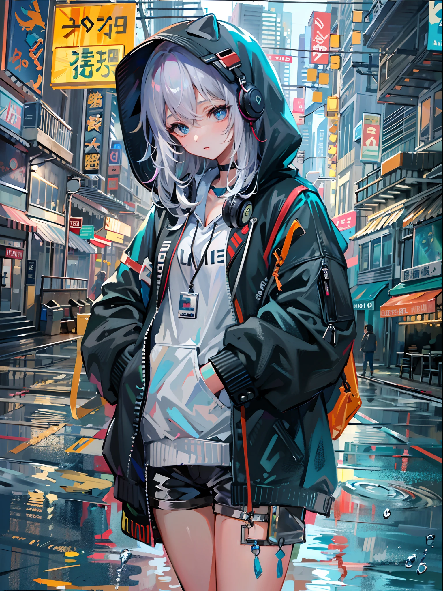 8K分辨率、((top-quality))、((masterpiece))、((ultra-detailliert))、1 woman、独奏、incredibly absurdness、Oversized hoodies、headphones、Street、plein air、Sateen、neons、Shortcut Hair、Brightly colored eyes、Hands in pockets、shortpants、water dripping