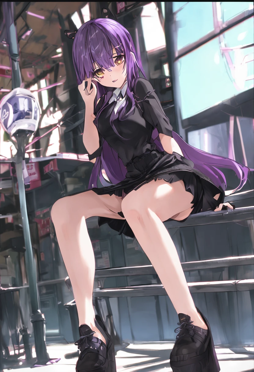 Realistic, 1girll, ((full bodyesbian)), Sexy,Pretty face, White hair, Purple eyes,Sexy legs,(school uniform), Black high heels,Black school uniform, (Black skirt), parted lip, Blush, Night, Possessed, 耳Nipple Ring,