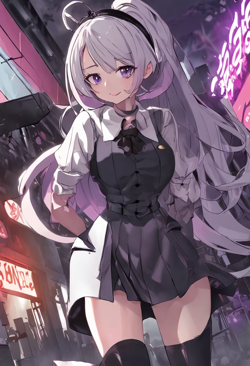 Realistic, 1girll, ((full bodyesbian)), Sexy,Pretty face, White hair, Purple eyes,Sexy legs,(school uniform), Black high heels,Black school uniform, (Black skirt), parted lip, Blush, Night, Possessed, 耳Nipple Ring,