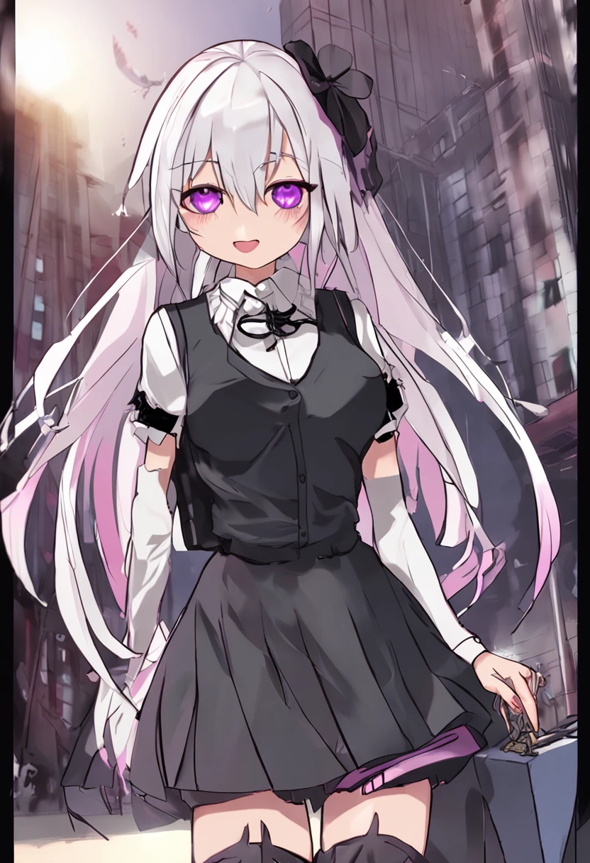 Realistic, 1girll, ((full bodyesbian)), Sexy,Pretty face, White hair, Purple eyes,Sexy legs,(school uniform), Black high heels,Black school uniform, (Black skirt), parted lip, Blush, Night, Possessed, 耳?????? Ring,