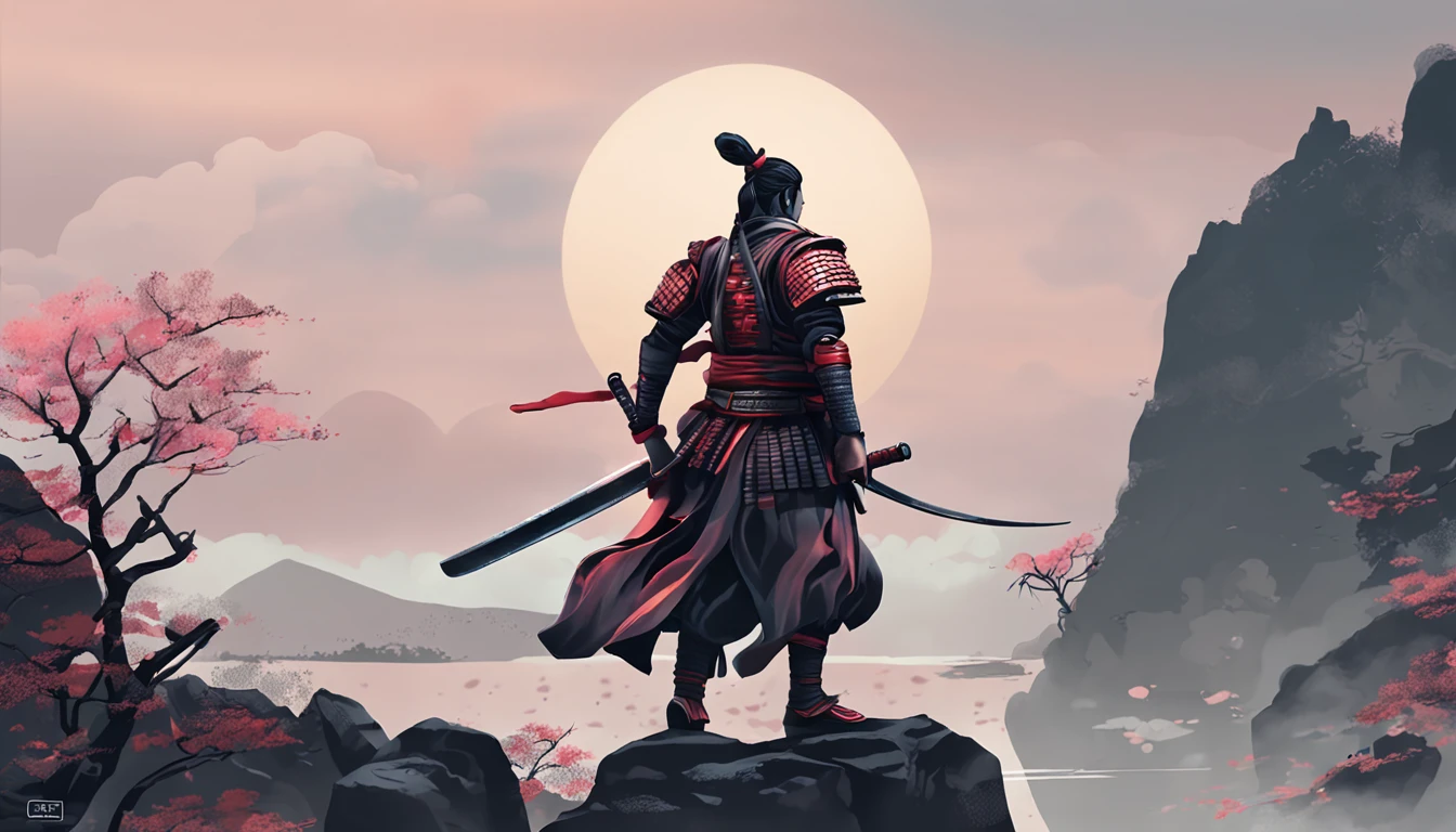 Draw a marble statue of Musashi holding his legendary sword, o Niten-Ichi-Ryu.