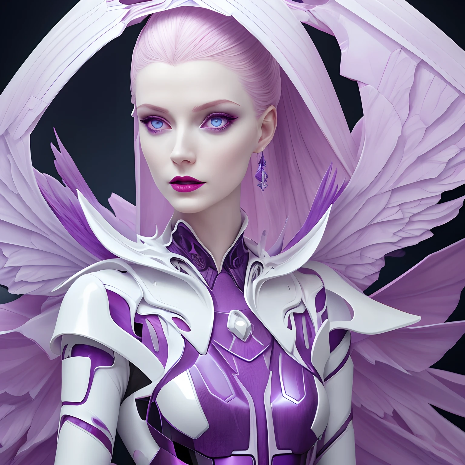 ((add_detail:1)), arafed woman with a purple and pink dress and wings on her head, with intense red lipstick, porcelain cyborg, futuristic fashion, fractal ceramic armor, pale white porcelain skin, Iris van Herpen Rankin, futuristic and ethereal, porcelain cyborg armor, pale milky white porcelain skin, purple and pink porcelain skin, white porcelain skin, Pale porcelain skin, HG Giger Flora Borsi, futuristic fashion woman, wearing futuristic