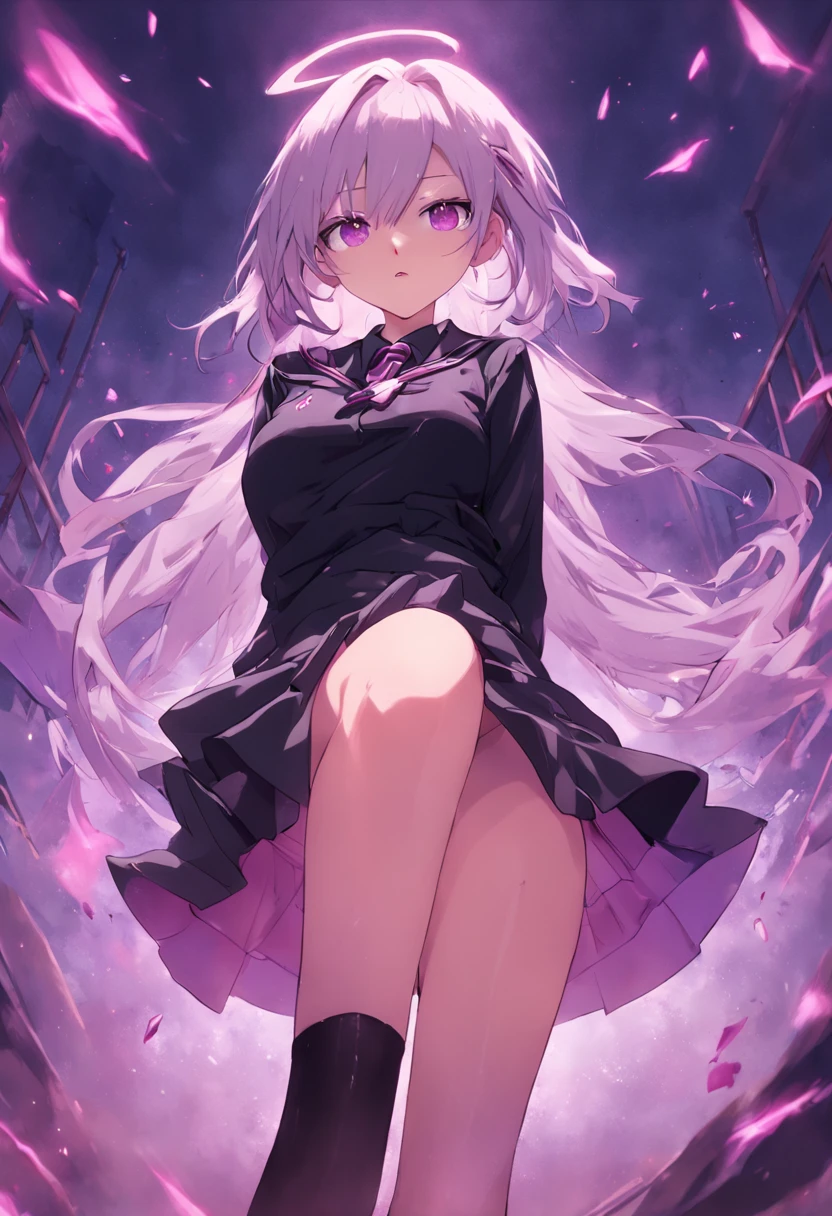 Realistic, 1girll, ((full bodyesbian)), Sexy,Pretty face, White hair, Purple eyes,Sexy legs,(school uniform), Black high heels,Black school uniform, (Black skirt), parted lip, Blush, Night, Possessed, 耳Nipple Ring,