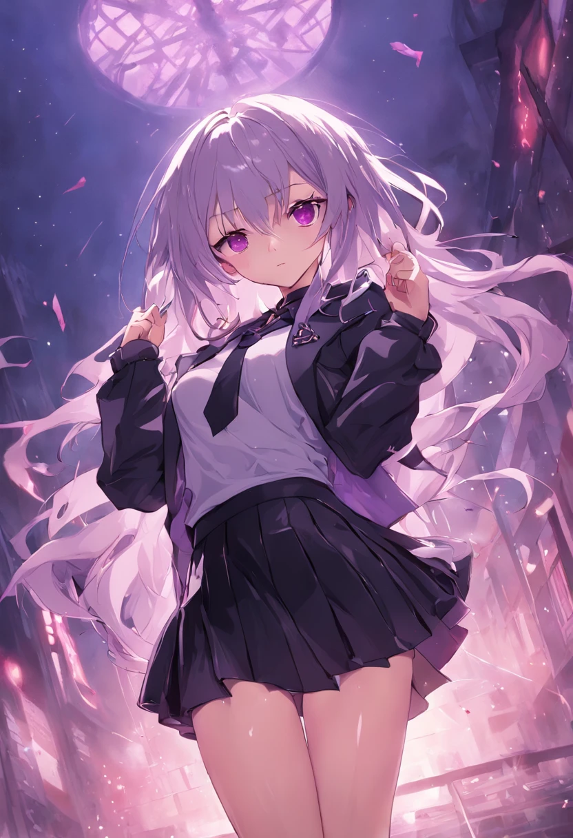 Realistic, 1girll, ((full bodyesbian)), Sexy,Pretty face, White hair, Purple eyes,Sexy legs,(school uniform), Black high heels,Black school uniform, (Black skirt), parted lip, Blush, Night, Possessed, 耳Nipple Ring,