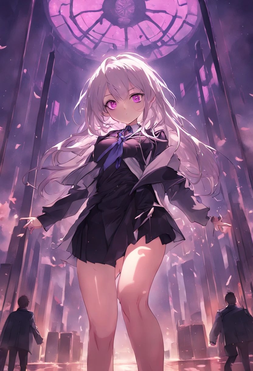Realistic, 1girll, ((full bodyesbian)), Sexy,Pretty face, White hair, Purple eyes,Sexy legs,(school uniform), Black high heels,Black school uniform, (Black skirt), parted lip, Blush, Night, Possessed, 耳Nipple Ring,