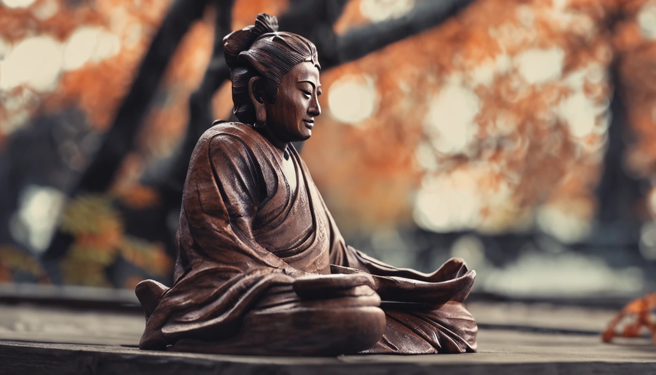 Create an artistic representation of a wooden statue of Musashi in his meditation posture.