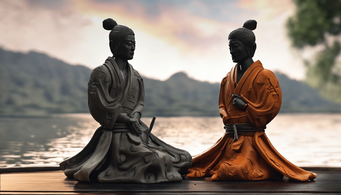 Create an artistic representation of a wooden statue of Musashi in his meditation posture.