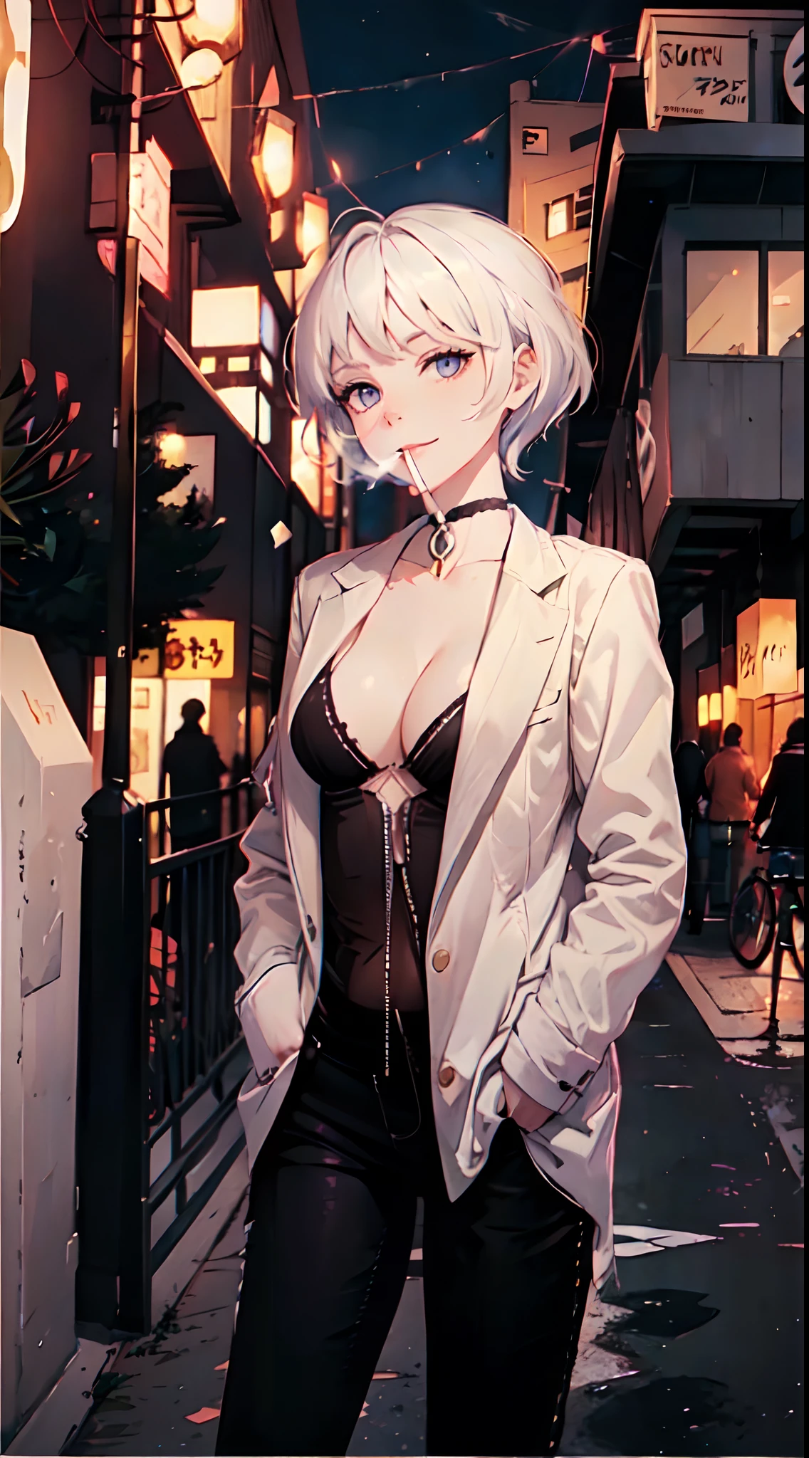 (masterpiece, best quality:1.2), cowboy shot, solo, 1girl, white hair, short wavy hair, purple eyes, average breasts, slender body, light smile, looking at viewer, hand in pockets, formal, suit, cleavage, black pants, choker, cityscape scenery, street, night light, night time, smoking cigarette, cigsmoker