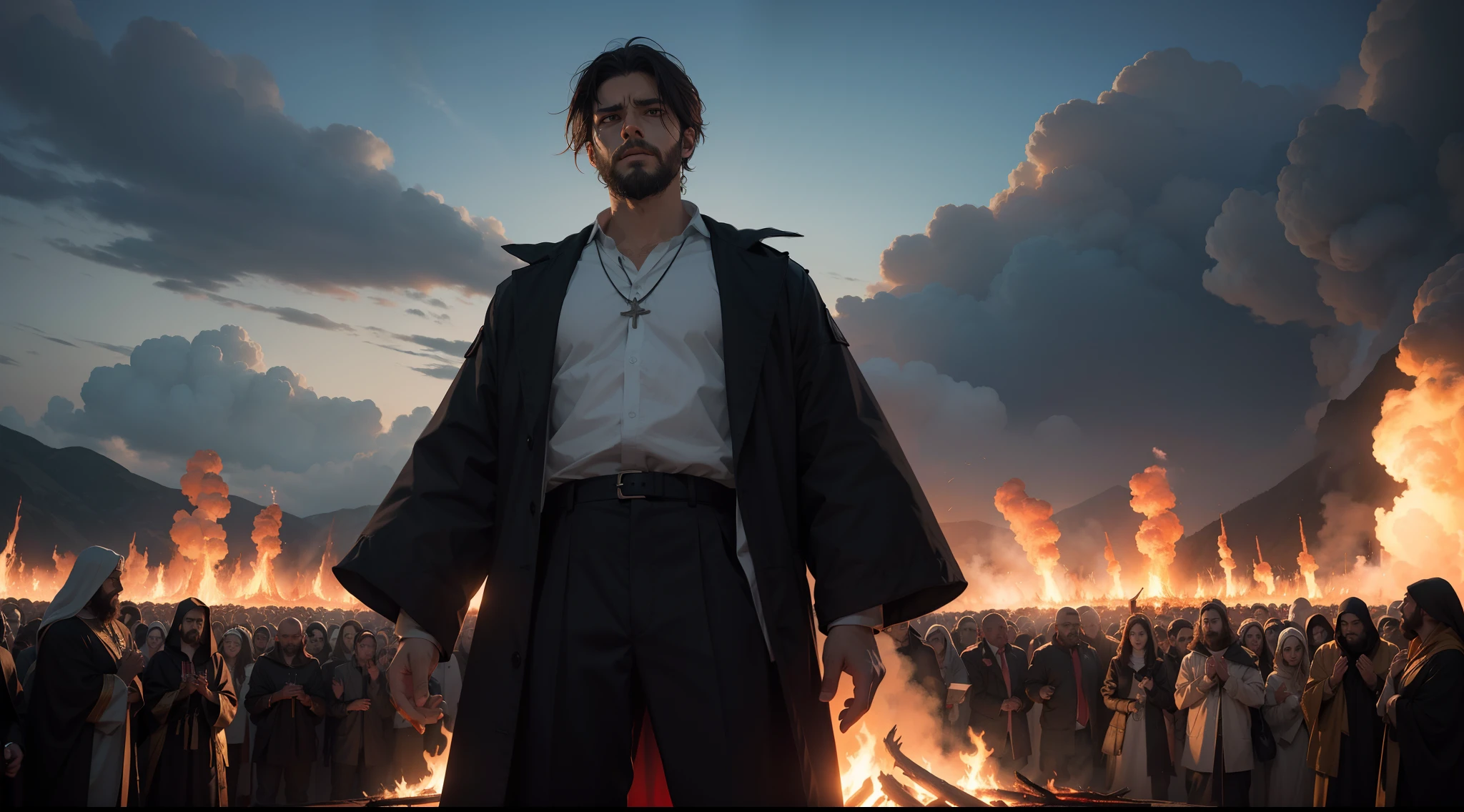 Generate a realistic illustration of the false prophet of revelation, conforme descrito nas escrituras. Ele deve ser retratado como um homem vestindo roupas religiosas escuras, ((cabelos curtos)), with a charismatic and mysterious look. He's standing in front of a crowd of people, and his hands are raised to heaven. Make the fire descend from the sky in a dramatic flow, Create a visual connection between the false prophet's hands and the fire he invokes. The crowd must be surprised and terrified by this supernatural spectacle. He captures the moment of tension as the false prophet demonstrates his power before men.