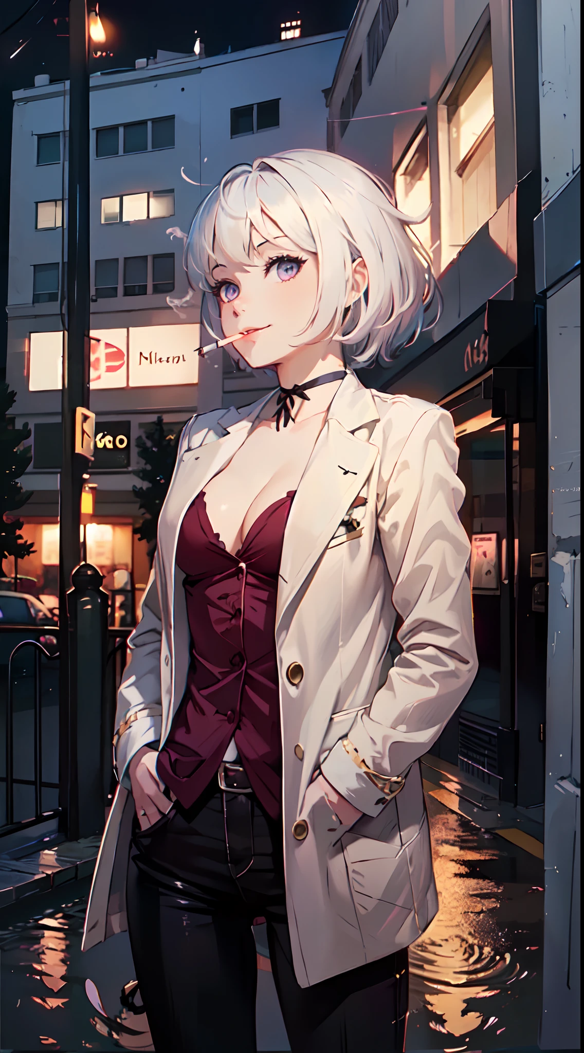 (masterpiece, best quality:1.2), cowboy shot, solo, 1girl, white hair, short wavy hair, purple eyes, average breasts, slender body, light smile, looking at viewer, hand in pockets, formal, suit, cleavage, black pants, choker, cityscape scenery, street, night light, night time, smoking cigarette, cigsmoker