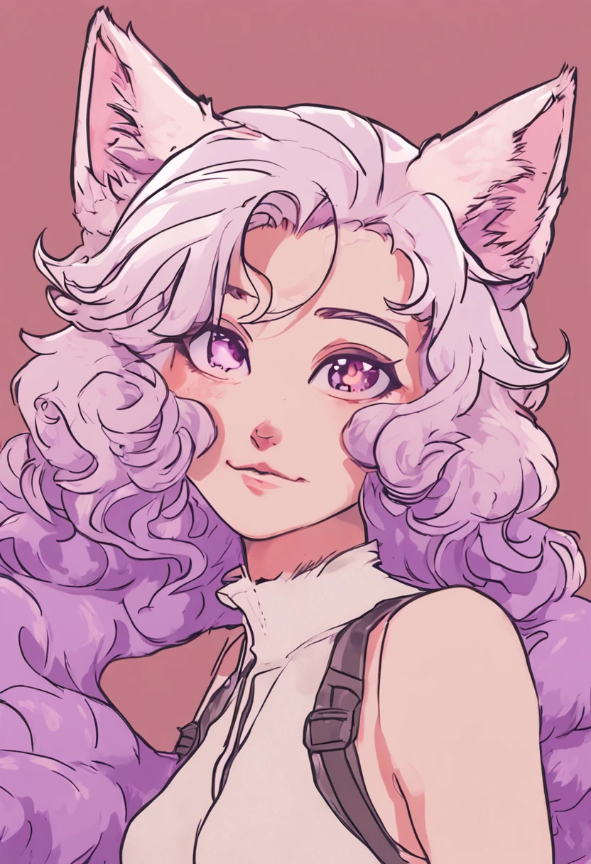 1girl, siamese cat fur, furry, medium breasts, front facing, (cream colored tanuki ears), tube top, portrait, purple background, short hair, fluffy big hair, (bright pink hair) curly hair, (((hair over eyes))), highest quality, adult, masterpiece, absurdres, (furry:1.5), curvy, cutesy, poodle tail, (kemono:1.4), saturated color, :P face