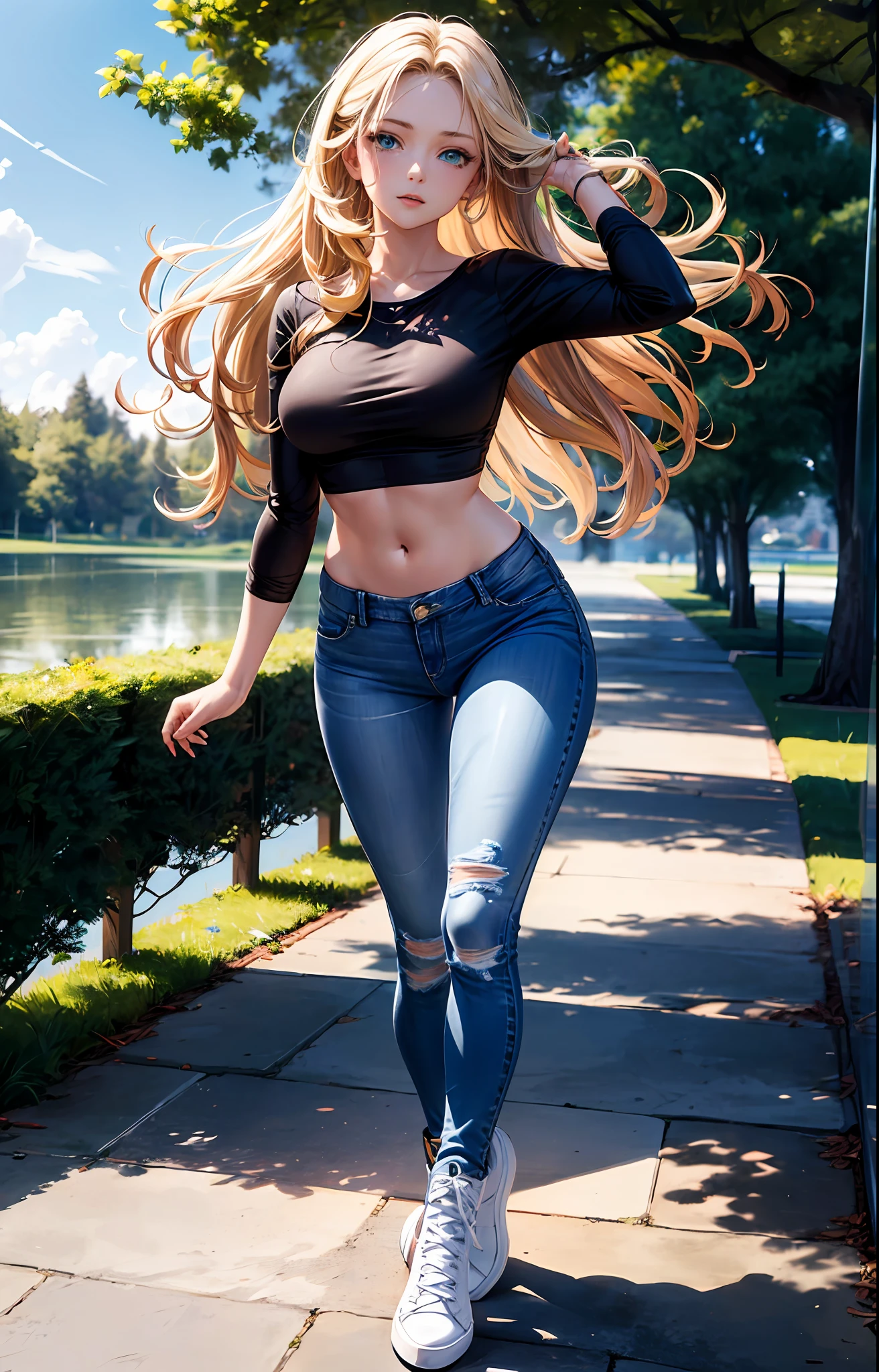 masterpiece, extremery magnificent view, perspective, extremery best quality, extremery detailed CG, 8k wallpaper, high resolution, highly detailed face, highly detailed eyes, perfect anatomy, super detailed skin,
(dynamic angle, dynamic pose:1.2), outdoors, park, tree and pond, (portrait, legs focus, full body), (beautiful face, beautiful eyes, beautiful legs:1.3),
2 girls, girl 1: (black top, skinny jeans:1.3), long sleeves, medium breasts, blond hair, long hair, floating hair, straight hair, open forehead, (white sneakers:1.3), blue eyes, (navel:0.8), (blue jeans:1.3), skinny, slender, wide hips, thin waist,girl 2: (green top, skinny jeans:1.3), large breasts, brown hair, long hair, floating hair, wavy hair, open forehead, (black boots:1.3), green eyes, (blue jeans:1.3), skinny, slender, wide hips, thin waist