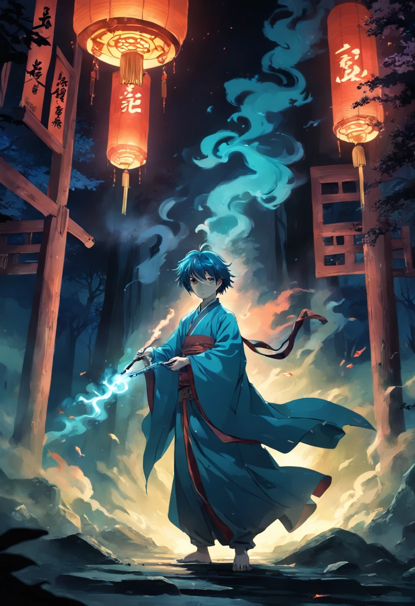 the night, Spooky woods, Chinese Taoist, male people, holding handgun, Light the incense, Surrounded by ghosts, Picture impact, Dynamic performance, hight contrast, Intense light and shadow effects