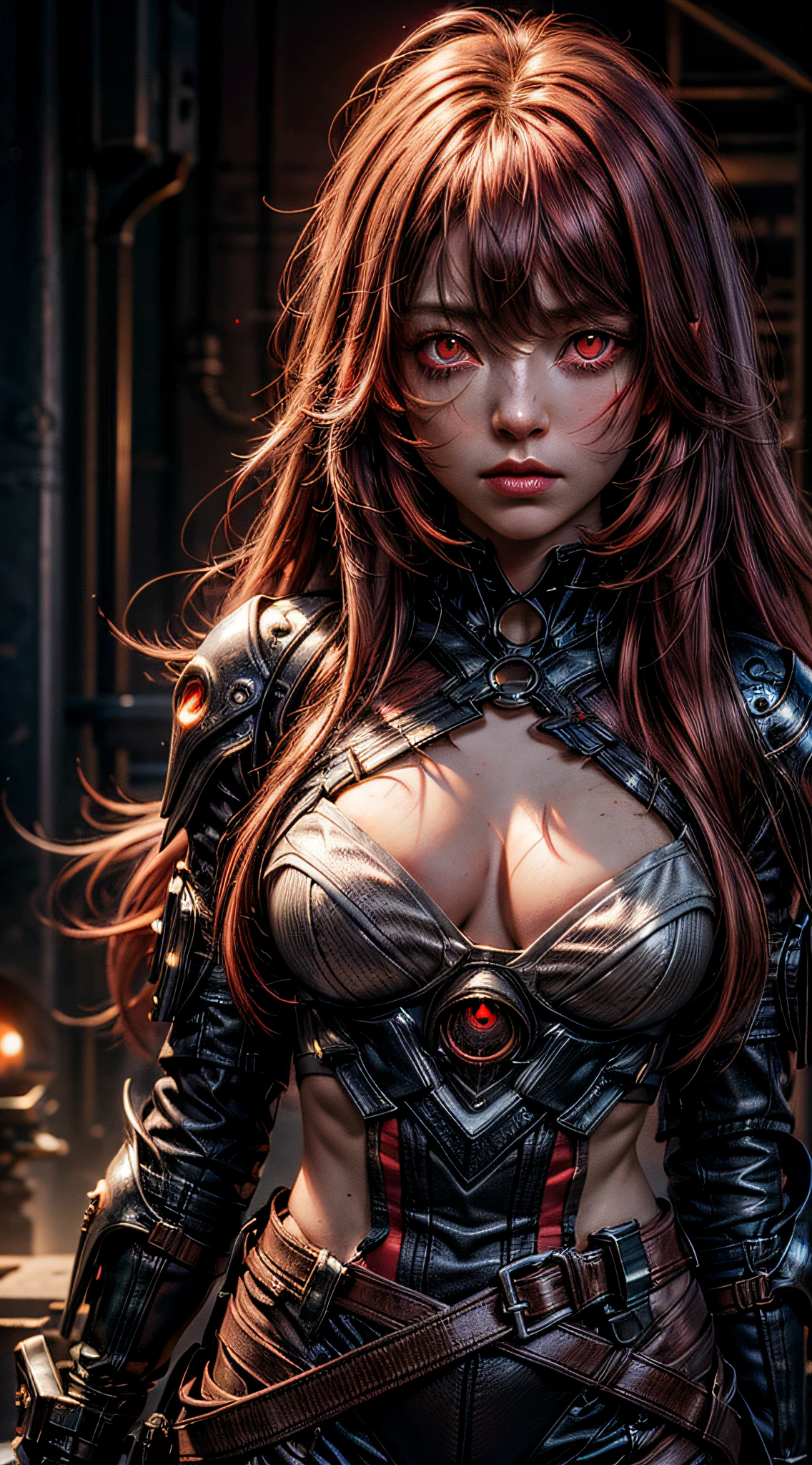 8k, realistic, vray, HDR, 1girl, medium breasts, (long brown hair loose), (straight hair with bangs), ((red eye color):1.4), portrait