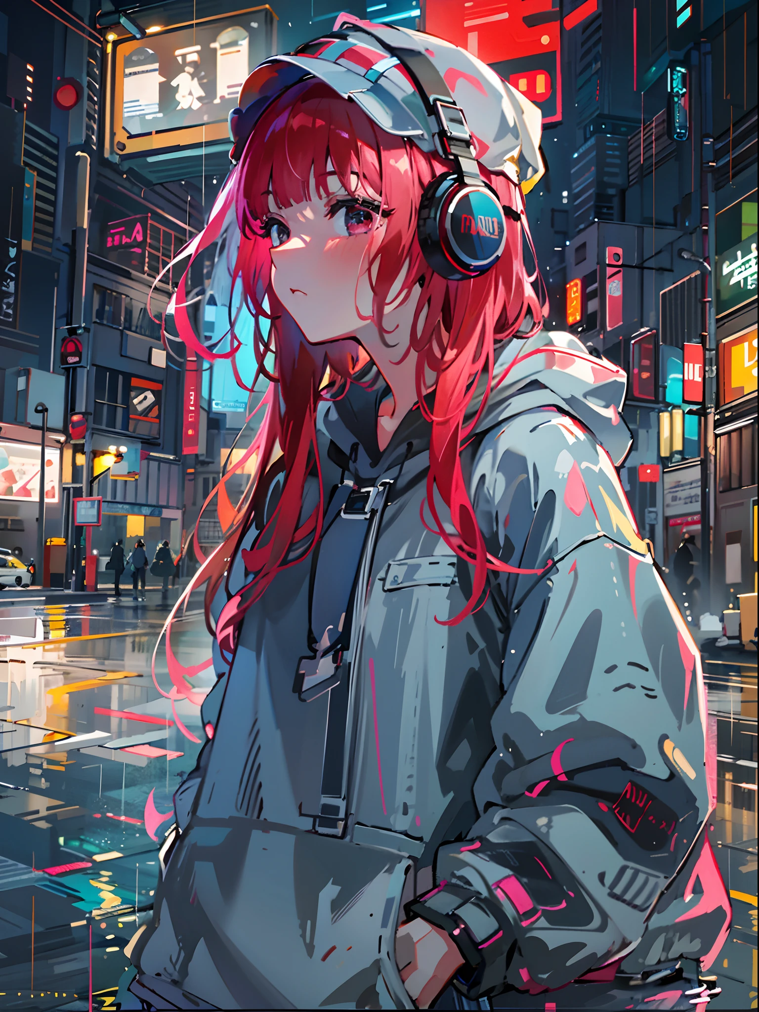 8K分辨率、((top-quality))、((masterpiece))、((ultra-detailliert))、1 woman、独奏、incredibly absurdness、Oversized hoodies、headphones、Street、plein air、Rain at night、neons、Shortcut Hair、Brightly colored eyes、Hands in pockets、shortpants、water dripping、red hairs、Bob Hair