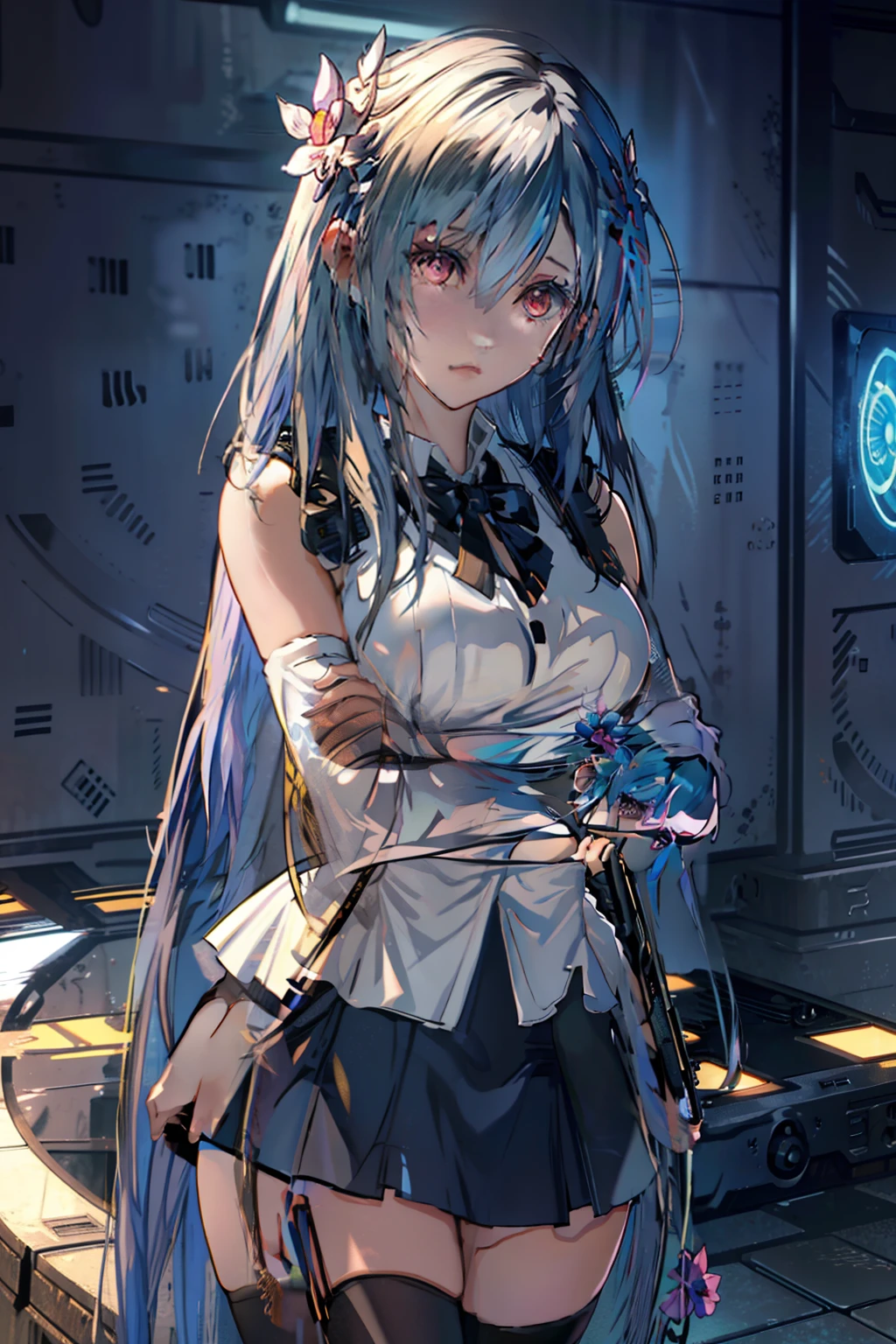 holding gun, teens girl, exteriors, Dress simply, short  skirt, White hair, Asymmetrical hair, bangs, hair over shoulders, hair flower, Raised eyebrows, Light eyes, long eyelasher,, Shy, Anime style, , Chiaroscuro, projected inset, High details, high qulity, ccurate, Masterpiece, Super detail